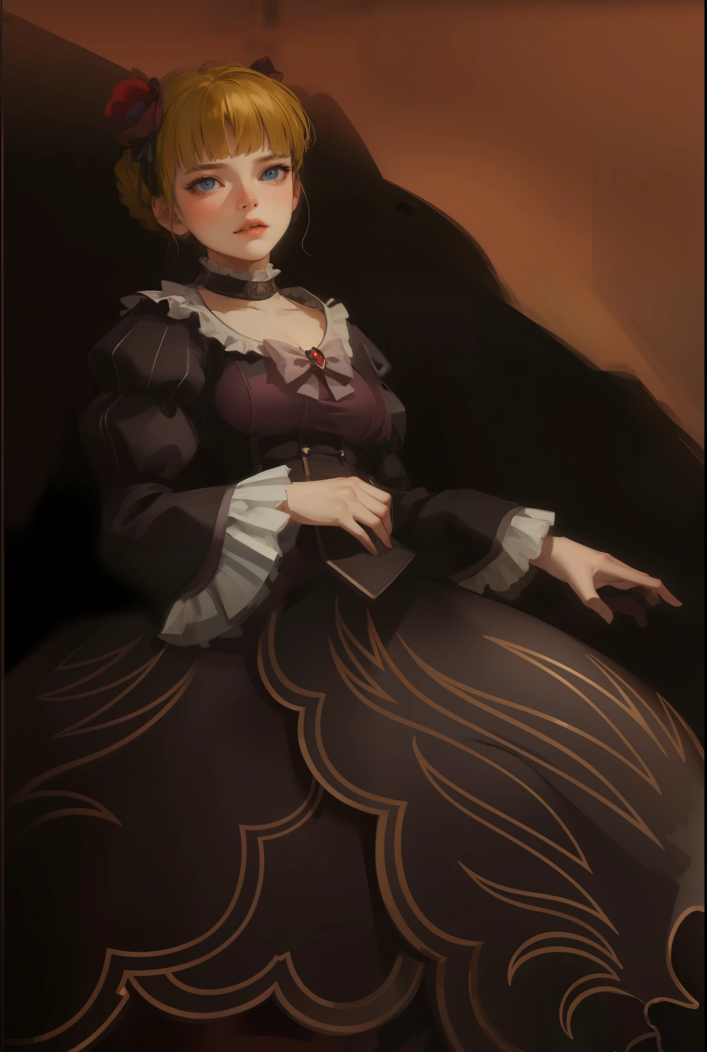 best quarity，super high res，Meisterwerk，solo，Detailed face，photorealistic, realistic face， 
（HDR：1.4）， Dramatic， complex background，
crazy detail， Complicated Detail， Hyper Detail， Soft Cinematic Light， exposure blending， HDR ，Intense light and shadow，beatrice(umineko)，Glowing blue eyes，blushed，Huge Tits，Indecent expressions。