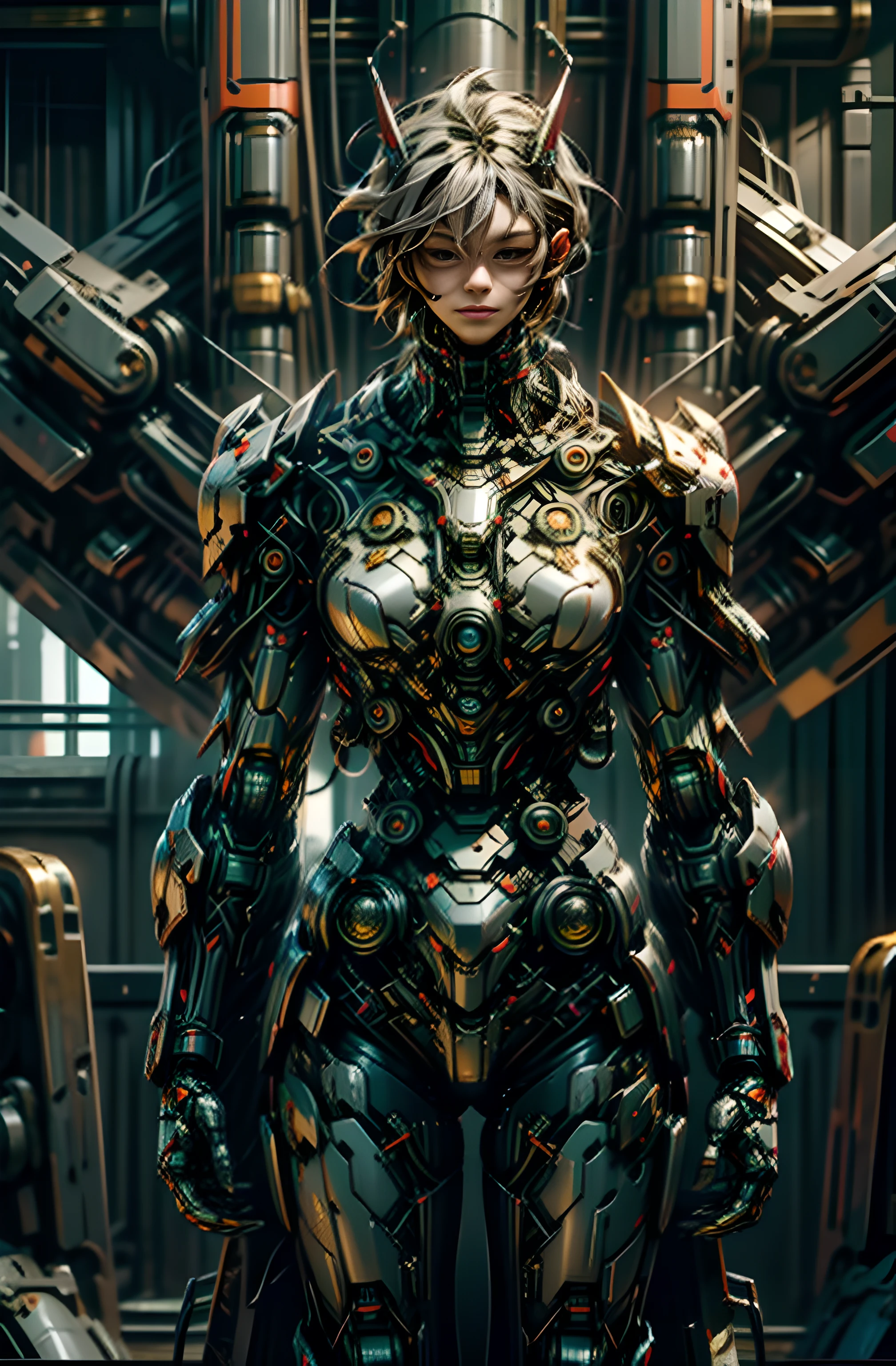 Dark_Fantasy,Cyberpunk,(chain saw,chain saw man,Red:1.1),1man,Mechanical marvel,Robotic presence,Cybernetic guardian, wearing a worn-out mech suit, intricate, (steel metal [rusty]), elegant, clear focus, shot by greg rutkowski, soft lighting, vibrant colors, masterpiece, ((street)), cowboy shot, dynamic pose,