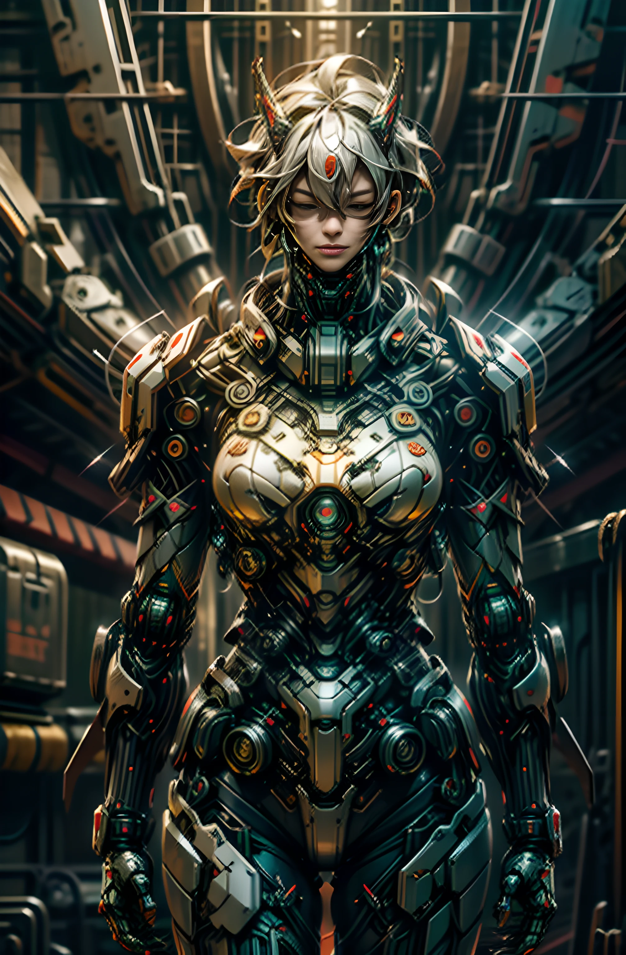 Dark_Fantasy,Cyberpunk,(chain saw,chain saw man,Red:1.1),1man,Mechanical marvel,Robotic presence,Cybernetic guardian, wearing a worn-out mech suit, intricate, (steel metal [rusty]), elegant, clear focus, shot by greg rutkowski, soft lighting, vibrant colors, masterpiece, ((street)), cowboy shot, dynamic pose,