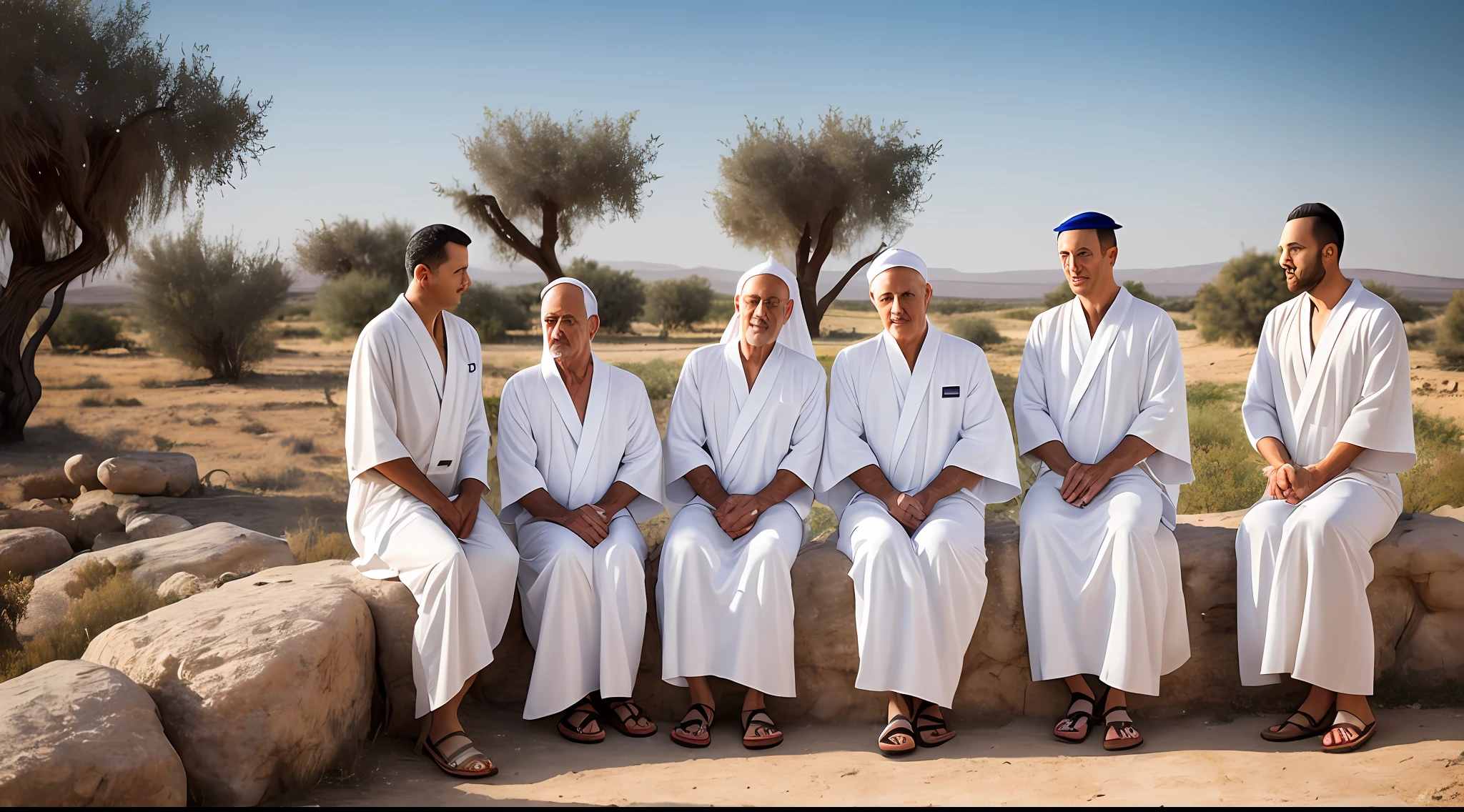 Create a realistic image of an old ancient Israeli man in a white robe with a staff in his hand in the village of ancient Israel with 3 young men and 3 in white robes beside him talking sitting on the rock
realist