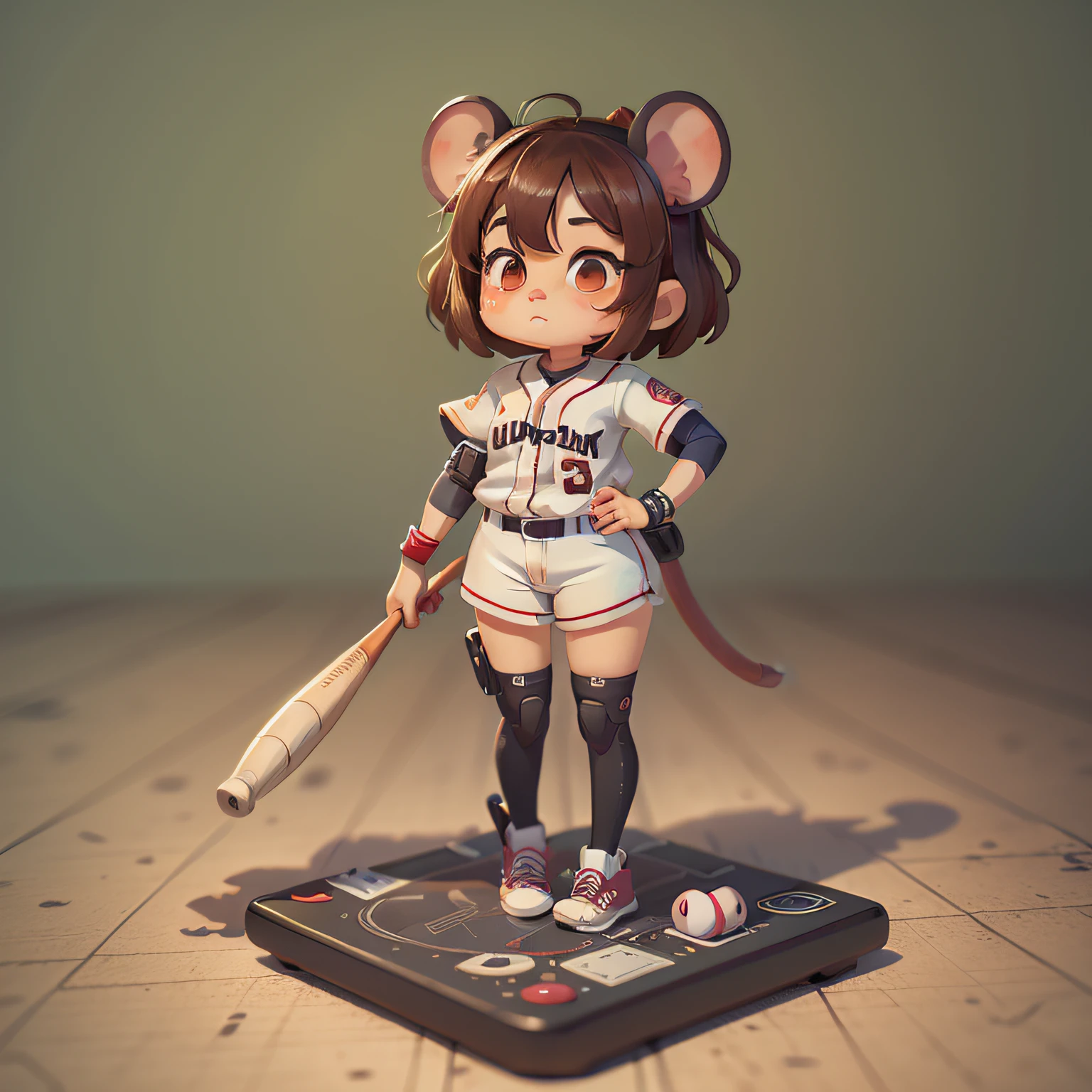 chibi, mouse, cute, baseball girl, bigbadejo, full body, high tech, masterpiece, 3D Rendering, Best Quality, Lots of Detail, (plain background), vinyl toy figurine