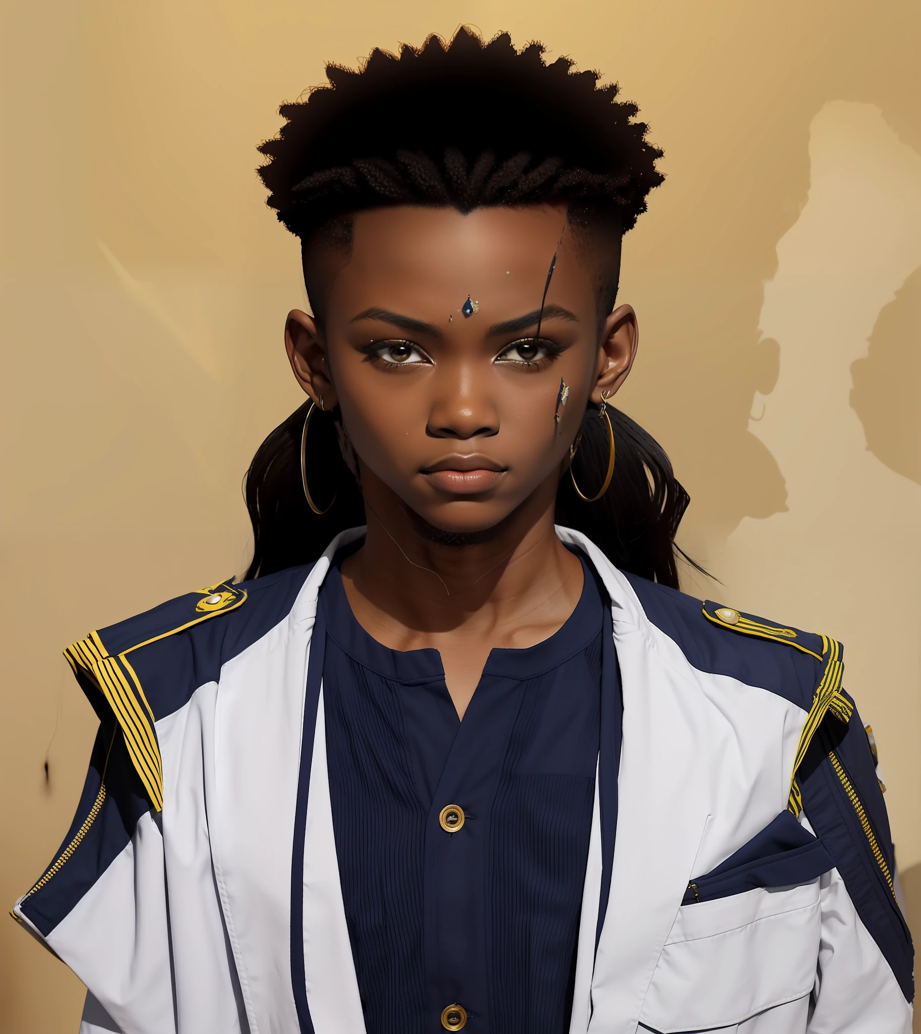 terno branco no estilo marifioso com desenhos tribais africanos e um lenso vermelho no bolso