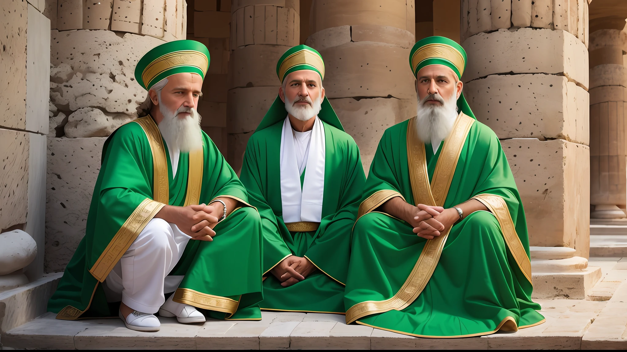 Create a realistic image of an old ancient Israeli man in a white robe with a staff in his hand in the village of ancient Israel with 3 young men and 3 in white robes beside him talking sitting on the rock
realist