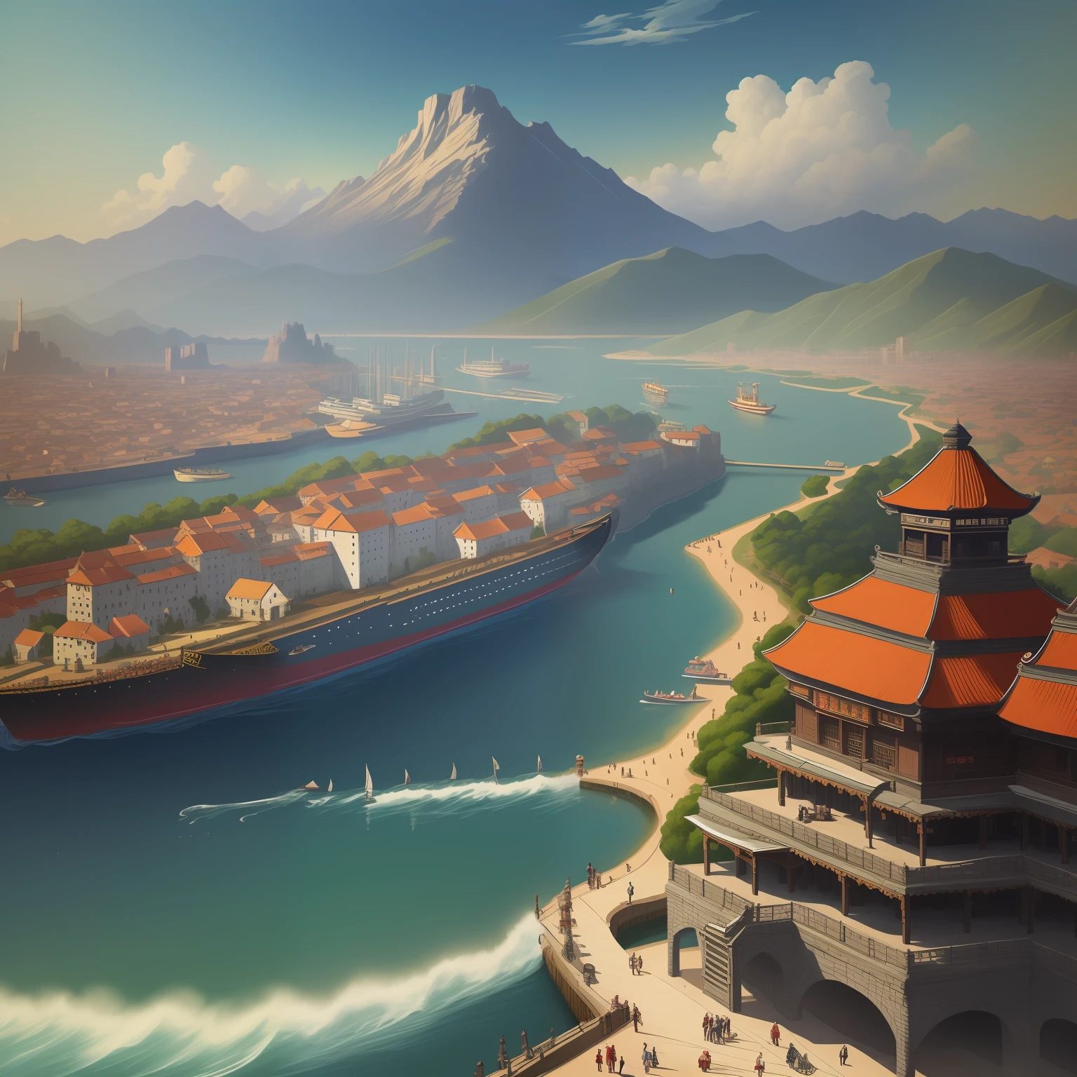 Qingming upper river map, horizontal layout, high resolution, best quality, super detail, dynamic angle, floating, bustling cityscape, intricate details, historical buildings, flowing river, bright colors, volumetric lighting, crowded boats and bridges, rich cultural background.
