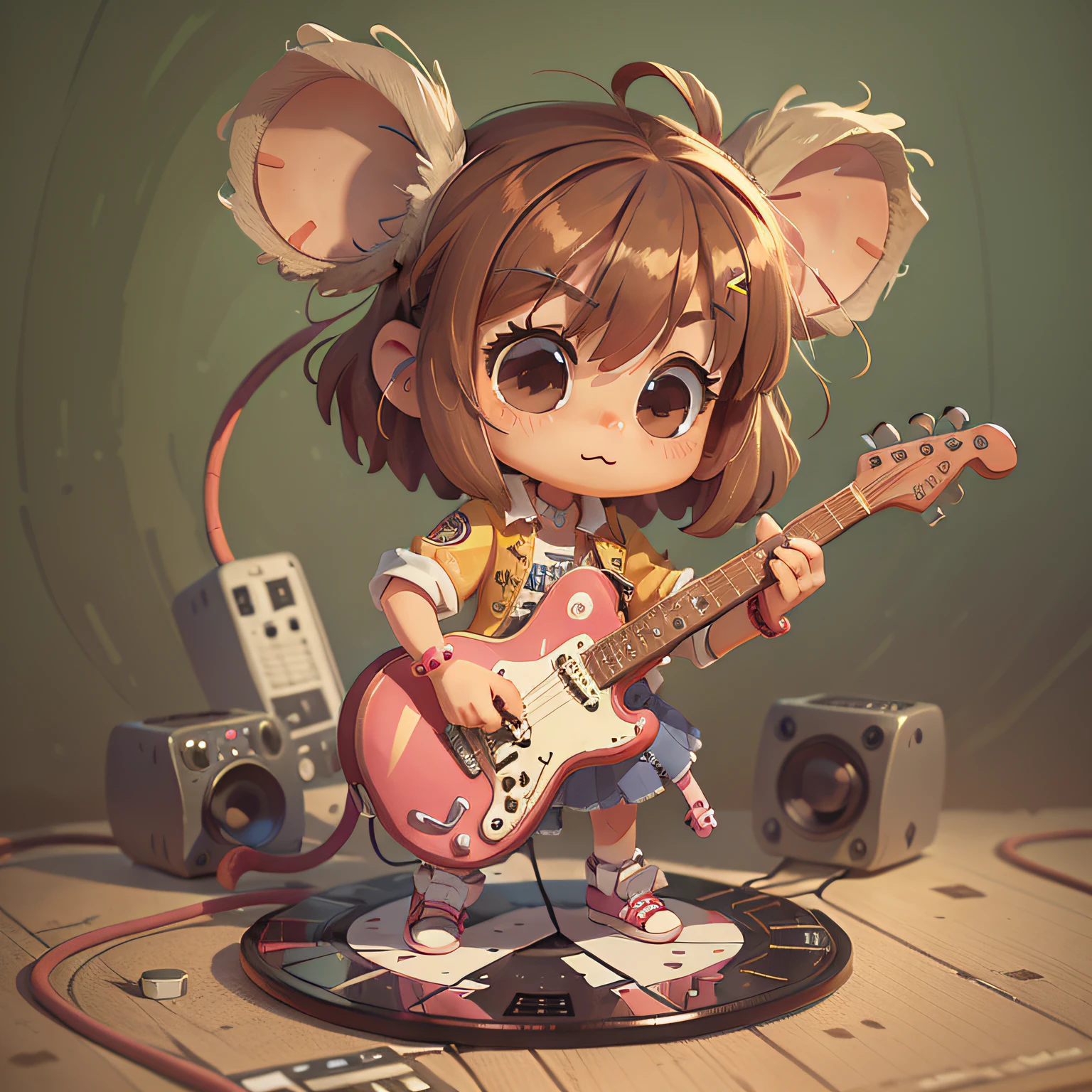 chibi, mouse, cute, rocker girl, playing guitar, bigbadejo, full body, masterpiece, 3D Rendering, Best Quality, Lots of Detail, (plain background), vinyl toy figurine