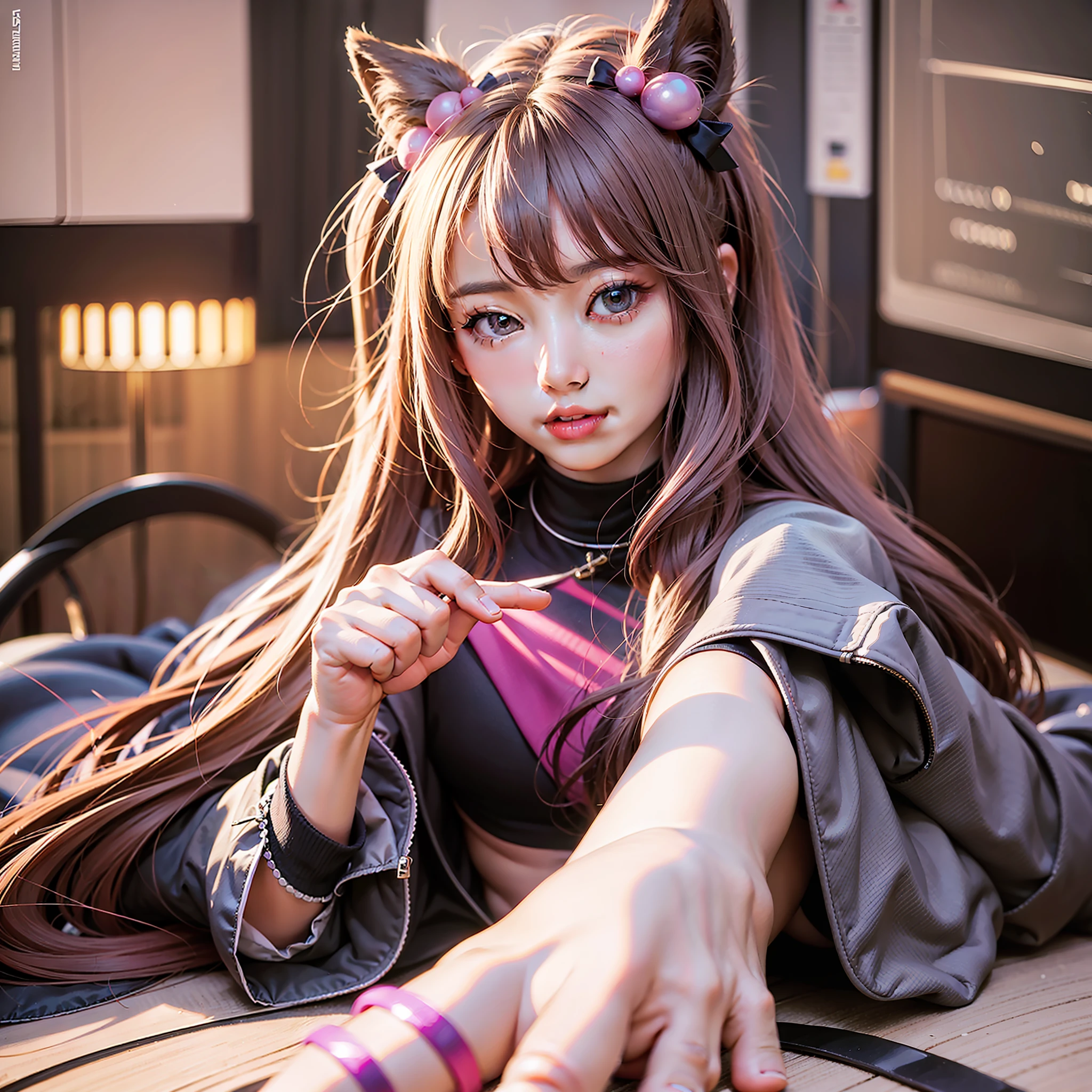 “4k,Magical Girl,Double tail,all body,Perfect portrait,Perfect Figure,Pink,Knolling,Ribbon,sskirt,Staring at the screen,lying on stomach,Hands in one。"