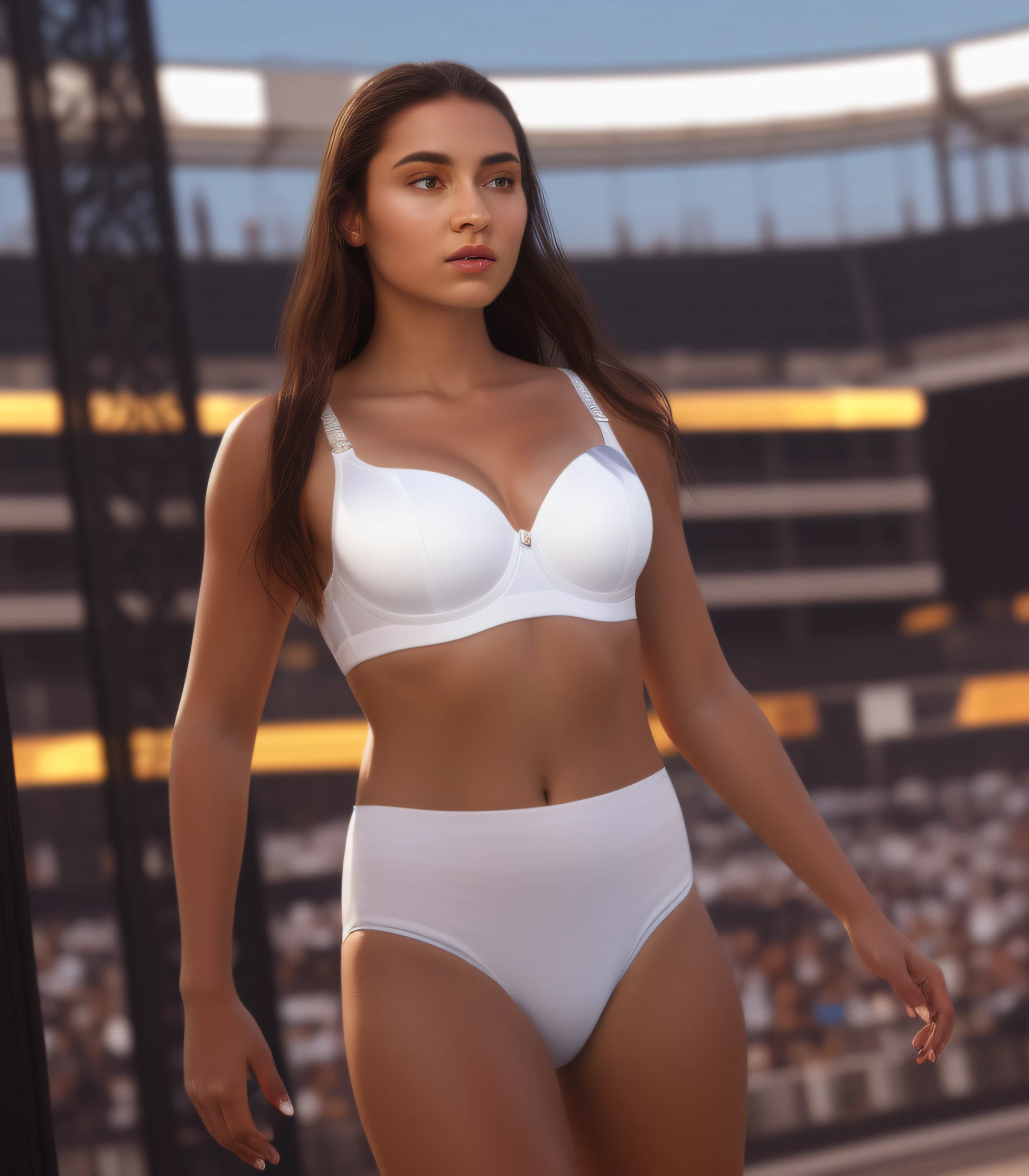 Caucasian woman in white bra and white high cut panties, photo realistic