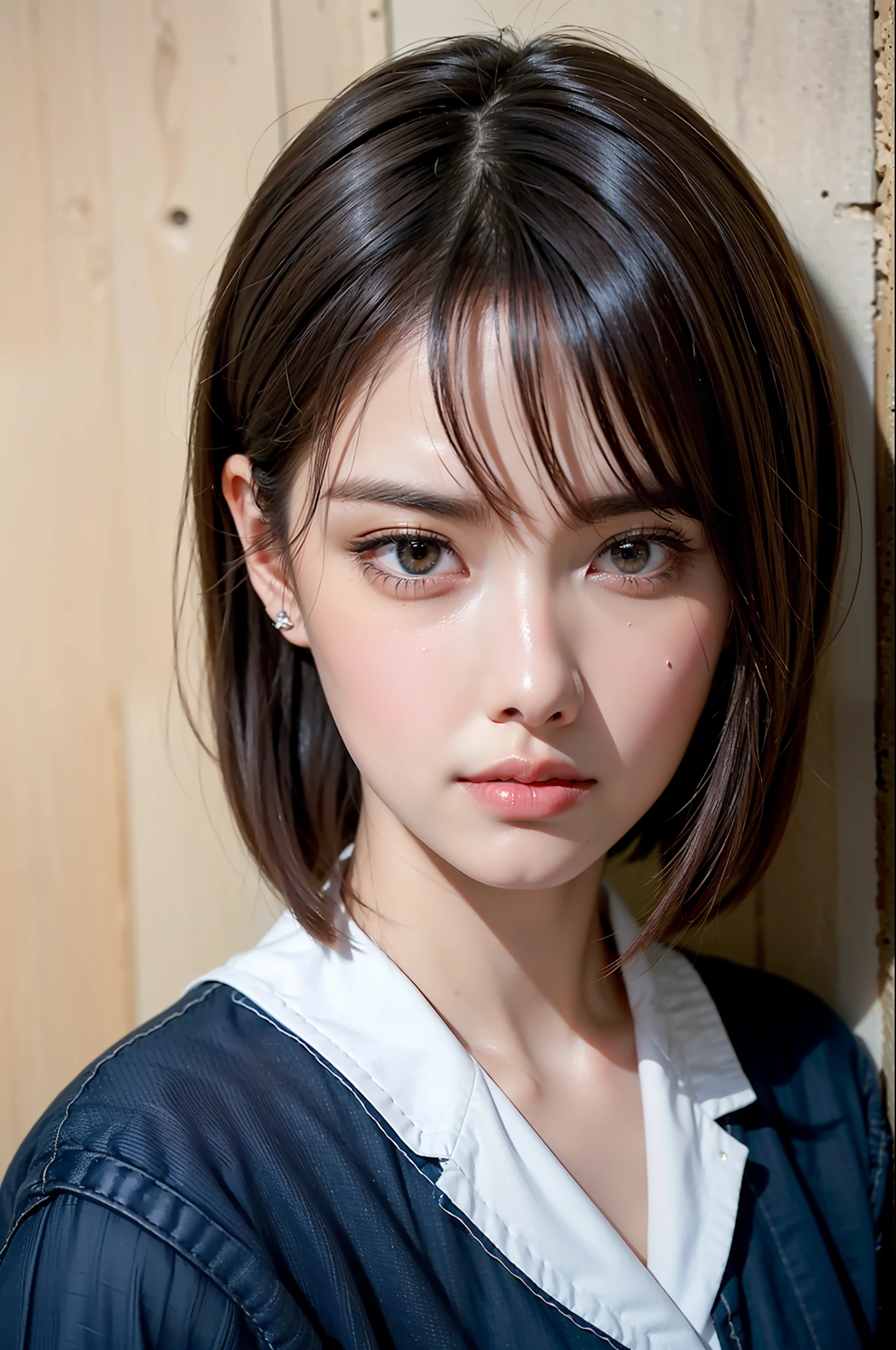 Best Quality, Master peace, Ultra high Resolution, (Realistic、: 1.4), Original Photo, (True Skin Texture: 1.3), (Film Grain: 1.3), Panorama, Portrait, Very Wide Lens, narrow waists, Denim Lens, (In the Dark, Deep Shadows, Low Profile, Cold Light,) Night, Close-up, teardrops,ple short hair、the neck is long、Put your ears out、bangs、big Eyes、Light-colored eyes、inside the house, dust, tyndall effects, sadness, disappointment, gloom (expression), sitting, (against the wall), crying, frowning, (looking awdown), nervousness, teardrops, loneliness,
1 girl, beautiful detail eyes and face, white jabot, pink dark V, BROWN EYES,