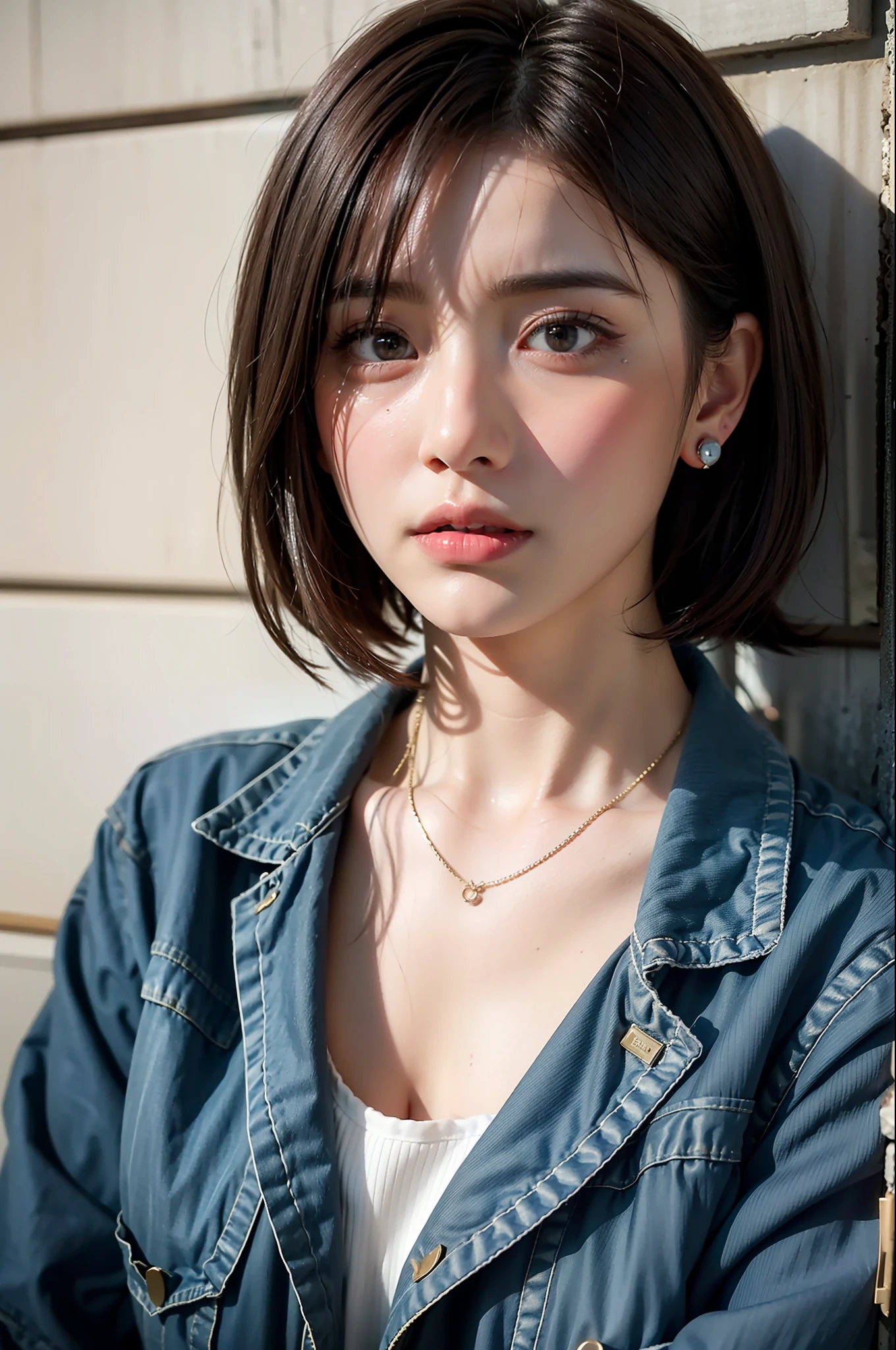 Best Quality, Master peace, Ultra high Resolution, (Realistic、: 1.4), Original Photo, (True Skin Texture: 1.3), (Film Grain: 1.3), Panorama, Portrait, Very Wide Lens, narrow waists, Denim Lens, (In the Dark, Deep Shadows, Low Profile, Cold Light,) Night, Close-up, teardrops,ple short hair、the neck is long、Put your ears out、bangs、big Eyes、Light-colored eyes、inside the house, dust, tyndall effects, sadness, disappointment, gloom (expression), sitting, (against the wall), crying, frowning, (looking awdown), nervousness, teardrops, loneliness,
1 girl, beautiful detail eyes and face, white jabot, pink dark V, BROWN EYES,