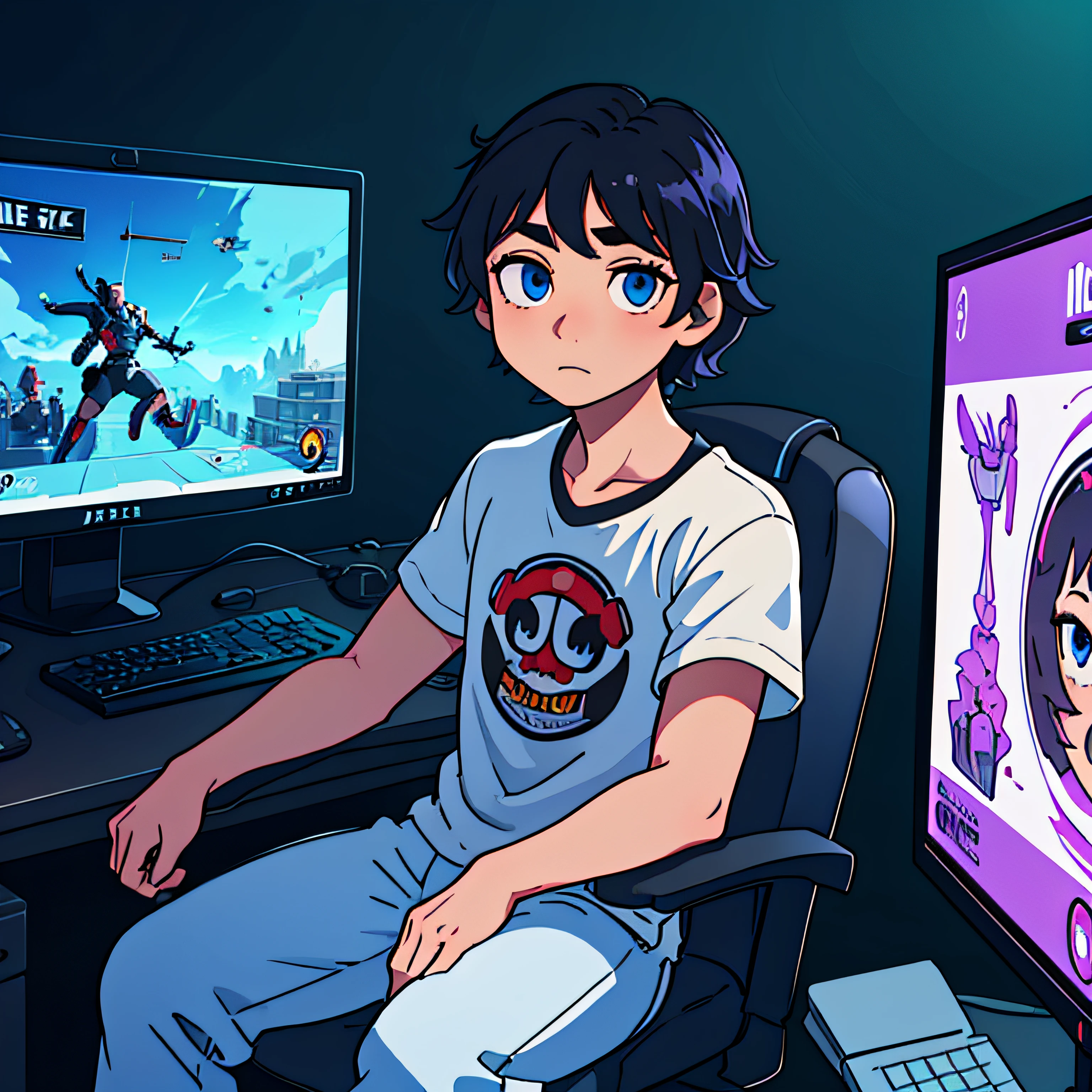 Best quality: 1.0), (Super High Resolution: 1.0), Anime boy, short black hair, blue eyes, sitting in front of computer playing games, background in esports room, --auto