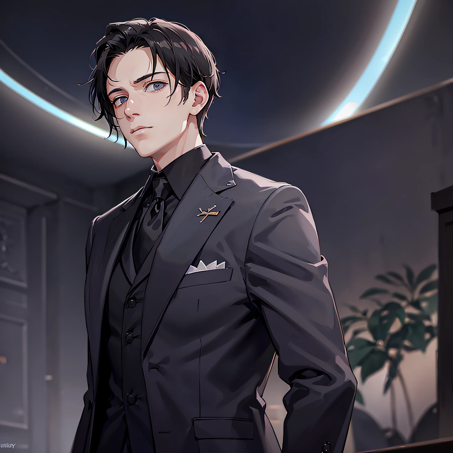 Meisterwerk, Male focus, 1boy, looking to the side, Black formal wear, Tuxedo jacket, White turtleneck sweater, WHITE BACKGROUND, A faint smile,Stand in the lobby of an indoor hotel