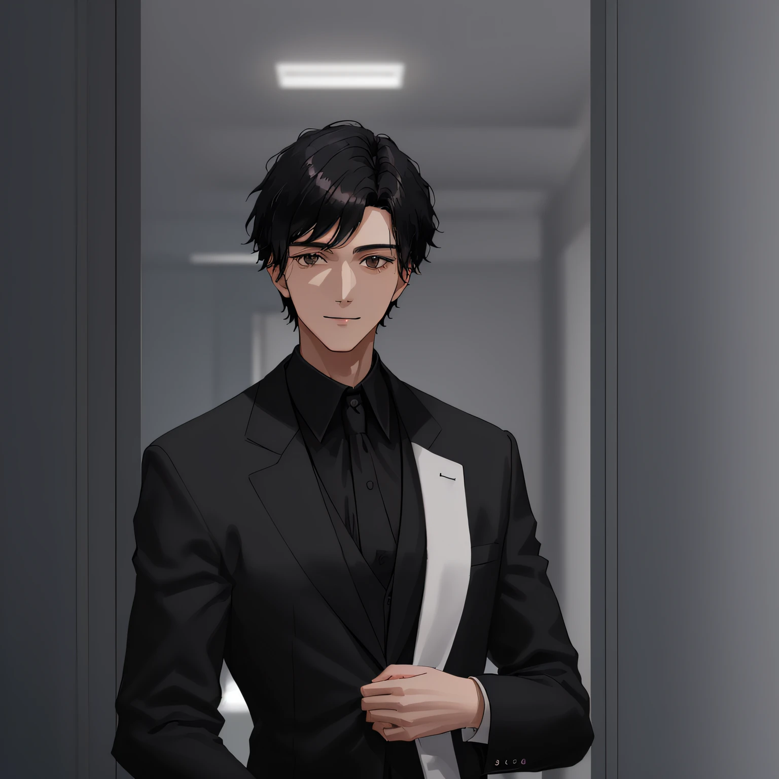 Meisterwerk， Male focus， 1boy， looking to the side， Black formal wear， Tuxedo jacket， White turtleneck sweater， WHITE BACKGROUND， A faint smile，Stand in the lobby of an indoor hotel