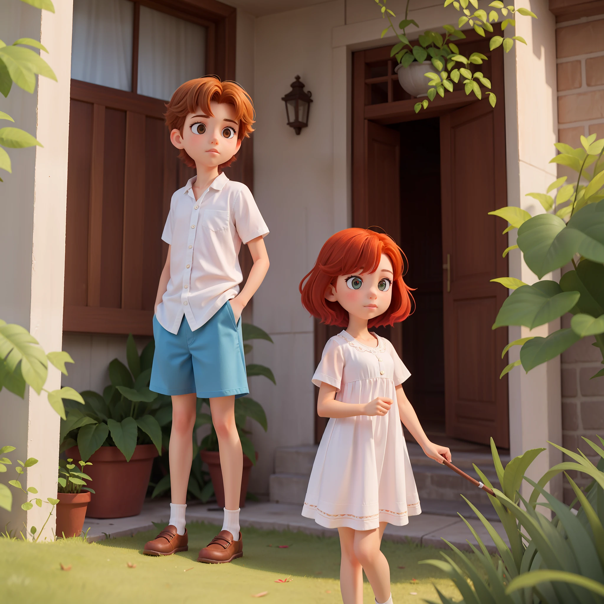 Retrato de uma garota ruiva com cabelos longos e cacheados, and a red-haired boy with short, messy hair, no jardim do quintal de sua casa. The girl is wearing a blue gardener style dress, and the boy is wearing a white blouse and brown shorts