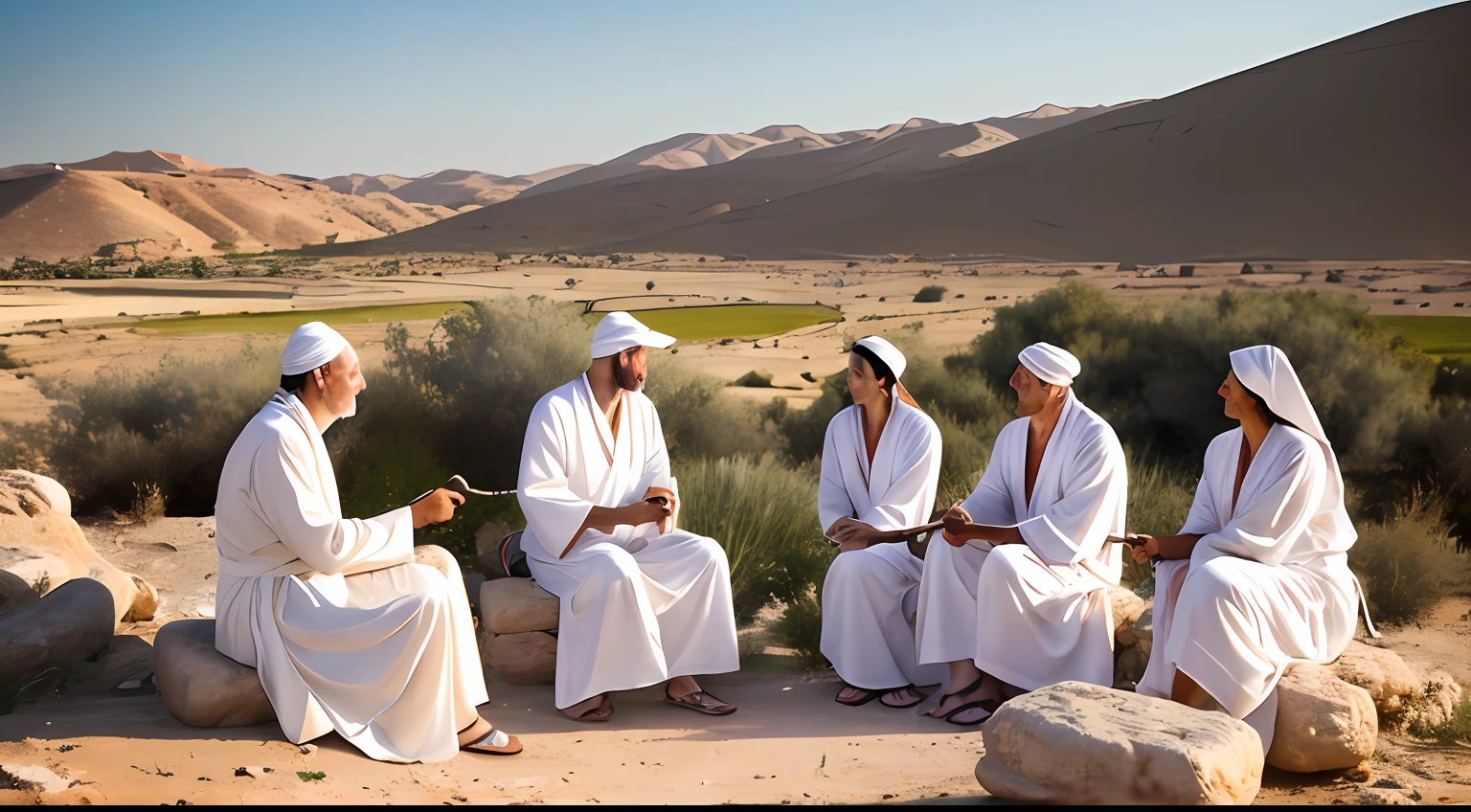 Create a realistic image of an old ancient Israeli man in a white robe with a staff in his hand in the village of ancient Israel with 3 young men and 3 young women in white robes beside him talking while sitting on the rock
realist