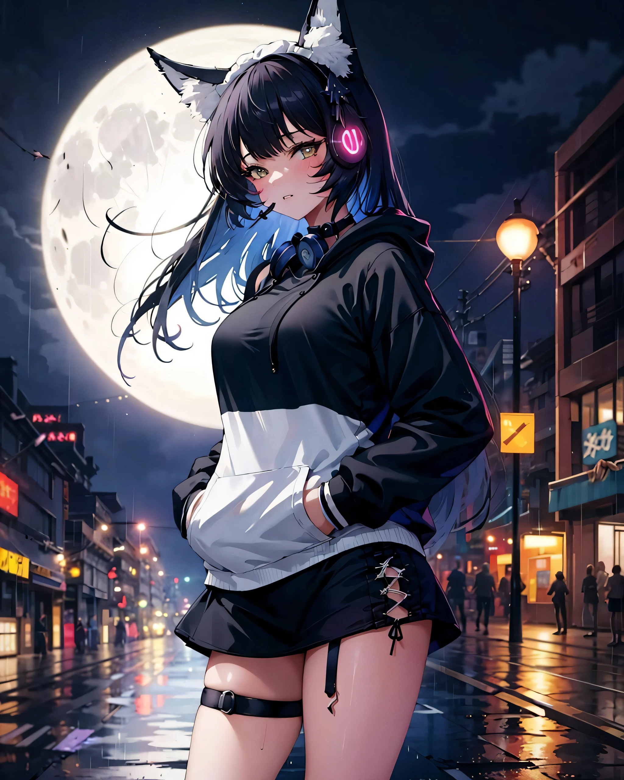 1girl,((flat breasts)),  fox girl,musashihead, cowboy shot, standing, outdoors,street,(hand in pocket),miniskirt, bare_legs,thigh strap, ((hoodie)),(headphones around neck), rain,night,full moon, cityscape, cyberpunk, very long hair,building, neon lights,