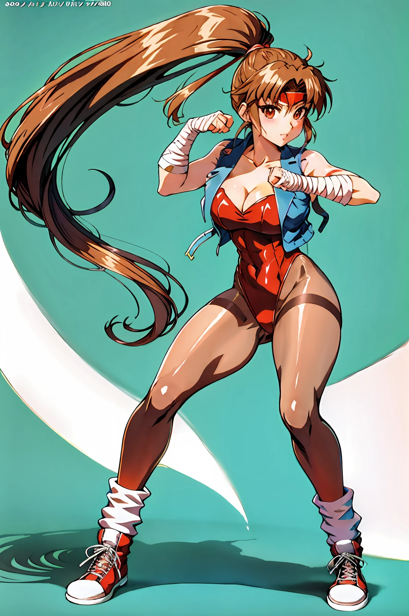 [retro anime art style], old anime, 1980s \(style\), 1990s \(style\), watercolor \(medium\), 1girl, (masterpiece, top quality, best quality, official art, beautiful and aesthetic:1.2), (1girl:1.3), (fractal art:1.3), solo, deep brown pantyhose, brown hair, red headband,brown eyes, red leotard, leotard, sneakers, ponytail, long hair, shoes, breasts, cleavage, bandages, covered navel, loose socks, vest,toned, (Cinmatic:0.4), looking at viewer, fighting stance, [retro anime art style], old anime, 1980s \(style\), 1990s \(style\), watercolor \(medium\), &lt;lora:carrot_mix:0.8&gt;, &lt;lora:Affix_Parapara_V1:0.7&gt;