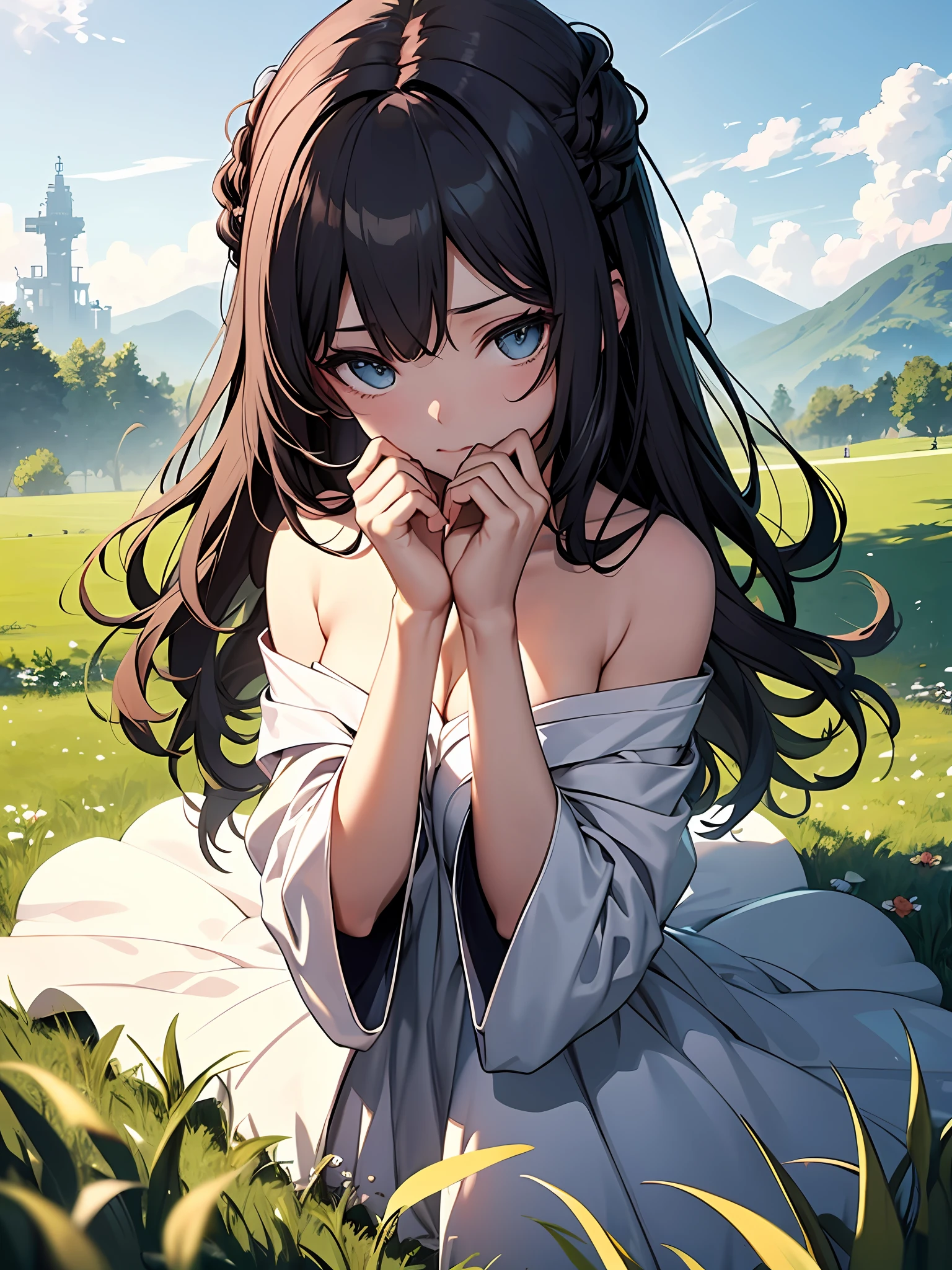 {{Meisterwerk}},illustartion,best quarity,极其详细的CG Unity 8k壁纸,1girl_solo,Lie flat, grass field, hands beside you, look audience, overlooking the angle,Naked dress,