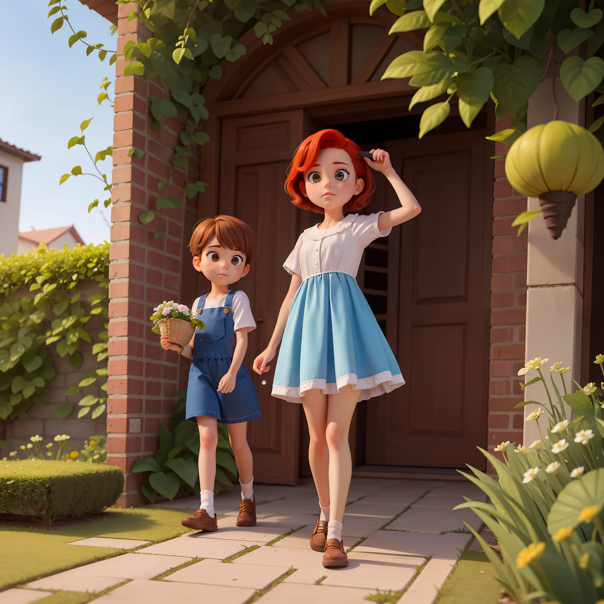 Retrato de uma garota ruiva com cabelos longos e cacheados, and a red-haired boy with short, messy hair, no jardim do quintal de sua casa. The girl is wearing a blue gardener style dress, and the boy is wearing a white blouse and brown shorts