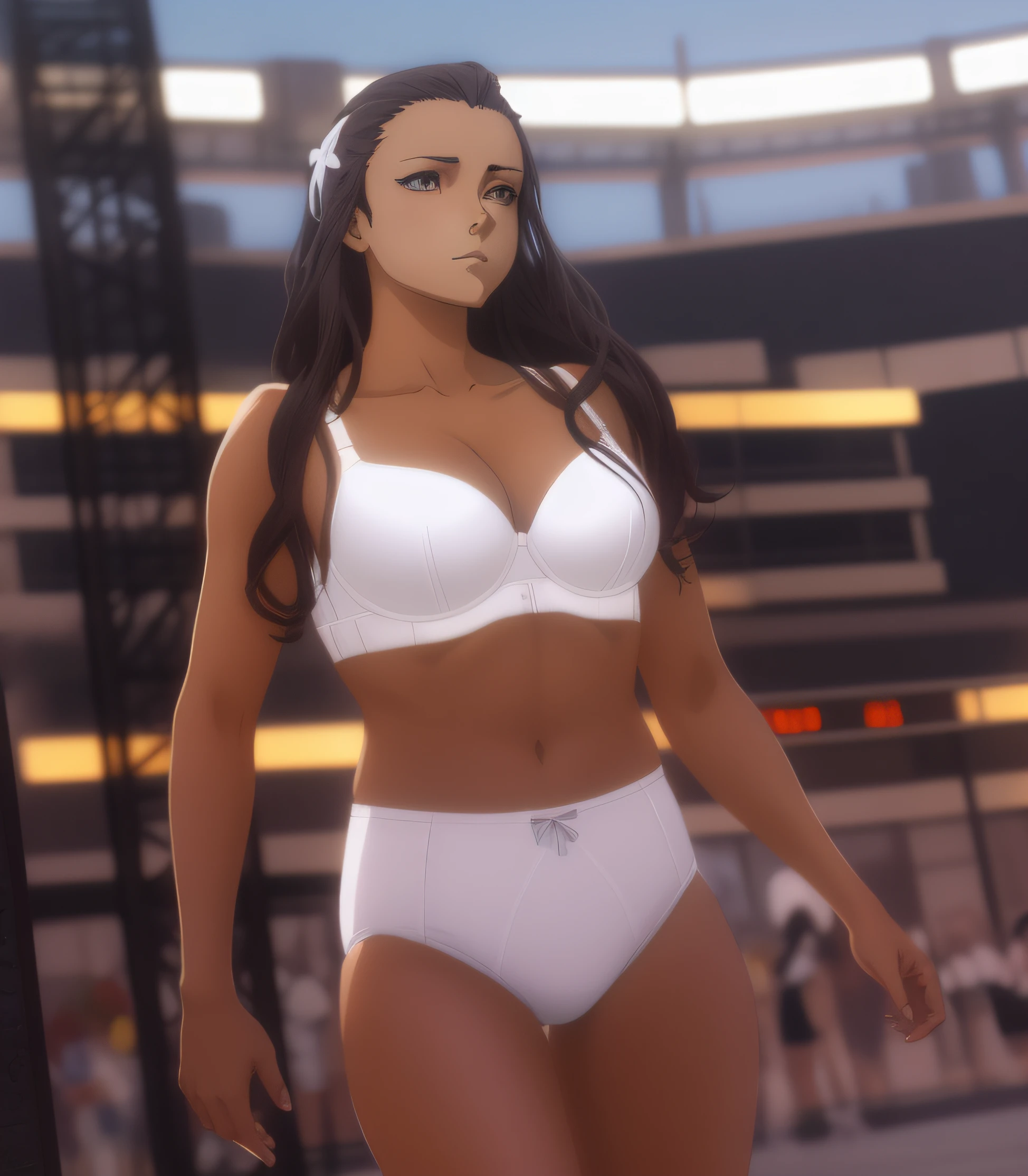 Caucasian woman in white bra and white high cut panties, anime art style
