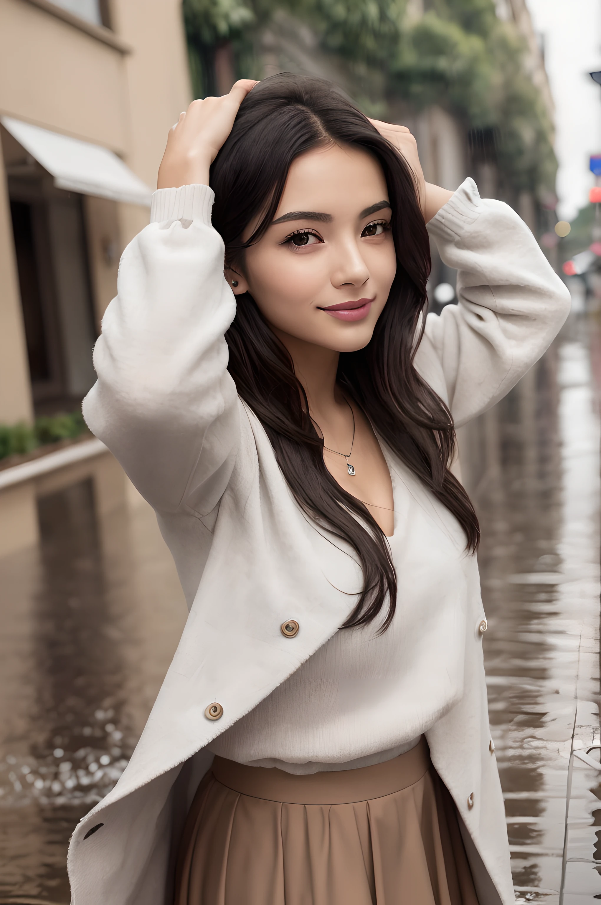 (masterpiece), (portrait), (aesthetic), (beautiful), (upper blody), (high quality), (aesthetic clothings), (professional angle), (rule of thirds), (Feminine), (woman), (female), (beautiful),(feminine features), (21 years), solo, 1 woman, (attractive Mexican), Any, (Rainy Atmosphere), (Daytime), (Soft light), ((Jumping in a Puddle)), (Arms Spread Out Hands), ((Looking Upwards Face)), ((Playful)), (Natural Make-up), (Moderate Bust), (), ((Medium Hair)), (Black Hair), (Wavy Hair), (Half-up Half-down hair), (Raindrop Hairpins in Hair), (Open Eyes), (Brown Eyes), (Cheerful Look), Tan skin, (Vibrant Colors Clothing), (Raincoat), (-), (Skirt ), (Round Neck Neckline), ((Rainy Setting background)), (Wide Shot Shot), beautiful hands, two hands, normal hands, two arms, complete hands, beautiful body, beautiful fingers, normal fingers, five fingers, five fingers, beautiful ears, normal ears, beautiful eyes, shiny eyes, beautiful mouth, beautiful lips,