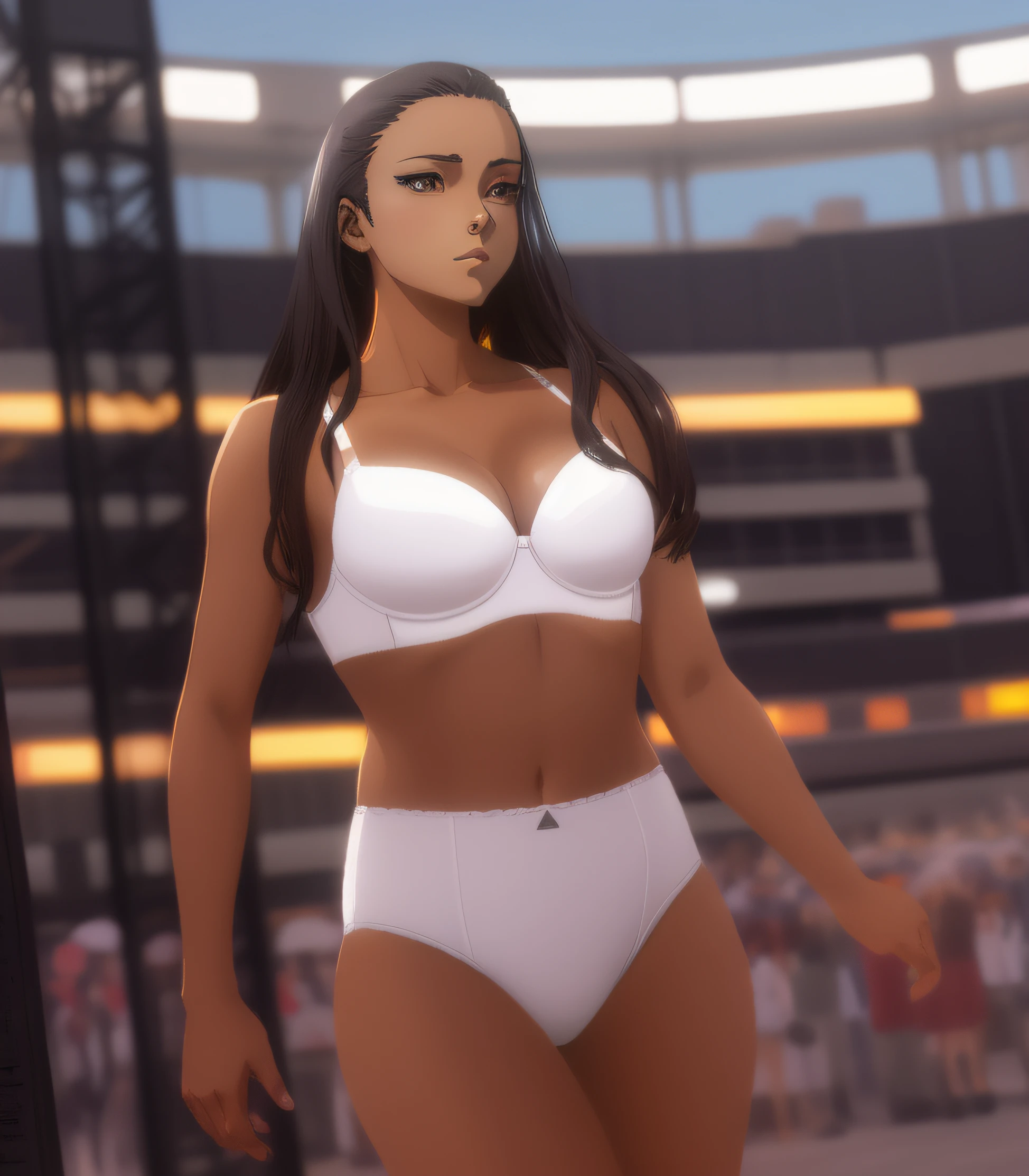 Caucasian woman in white bra and white high cut panties, anime art style