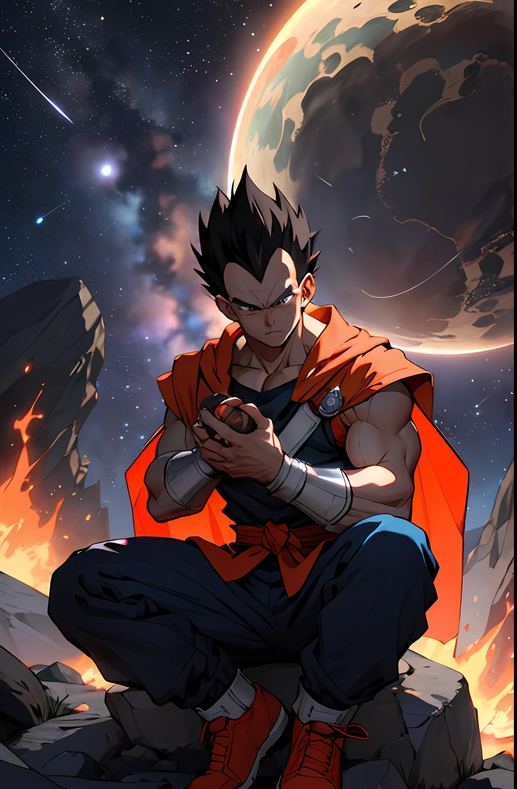 Draw a young Vegeta sitting on a rock in the middle of an asteroid belt. He is wearing saiyan armor with a princely cape. He is forming a ball of energy in his hands, surrounded by several asteroids glowing with auras of fire. The dramatic illumination of distant stars and planets illuminates the scene, casting deep shadows on the costume. The young man seems confident and determined, looking at the vast and mysterious universe with admiration and respect.