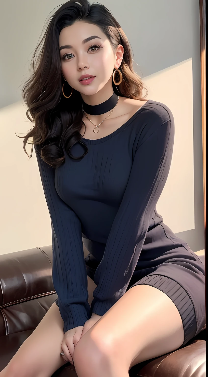 full-body shot,1girl,Sleeve-knit dress,Slim figure,inside room,Sit on the sofa pose,Sorrisos,eye shadows, Lipstick,Choker,Bracelet,EARRINGS,Extremely beautiful facial features,Simple home background,(8k,RAW photos,best picture quality,Meisterwerk:1.2),(fidelity,Realism:1.3),Tyndall rays,Look up from below