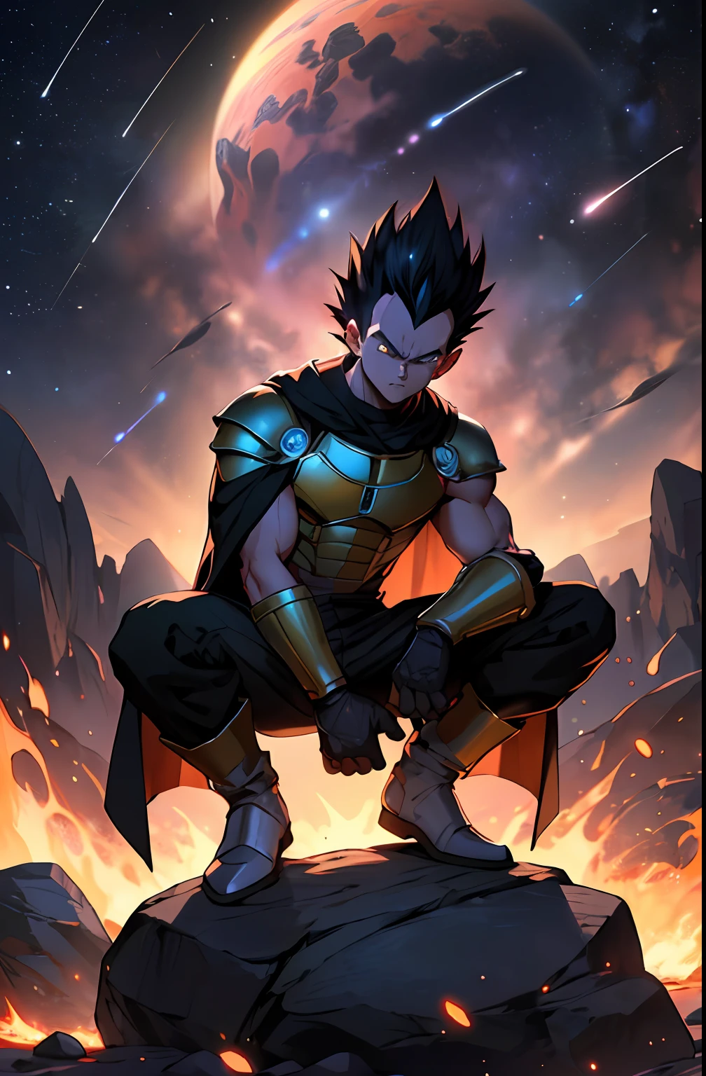 Draw a young Vegeta sitting on a rock in the middle of an asteroid belt. He is wearing saiyan armor with a princely cape. He is forming a ball of energy in his hands, surrounded by several asteroids glowing with auras of fire. The dramatic illumination of distant stars and planets illuminates the scene, casting deep shadows on the costume. The young man seems confident and determined, looking at the vast and mysterious universe with admiration and respect.