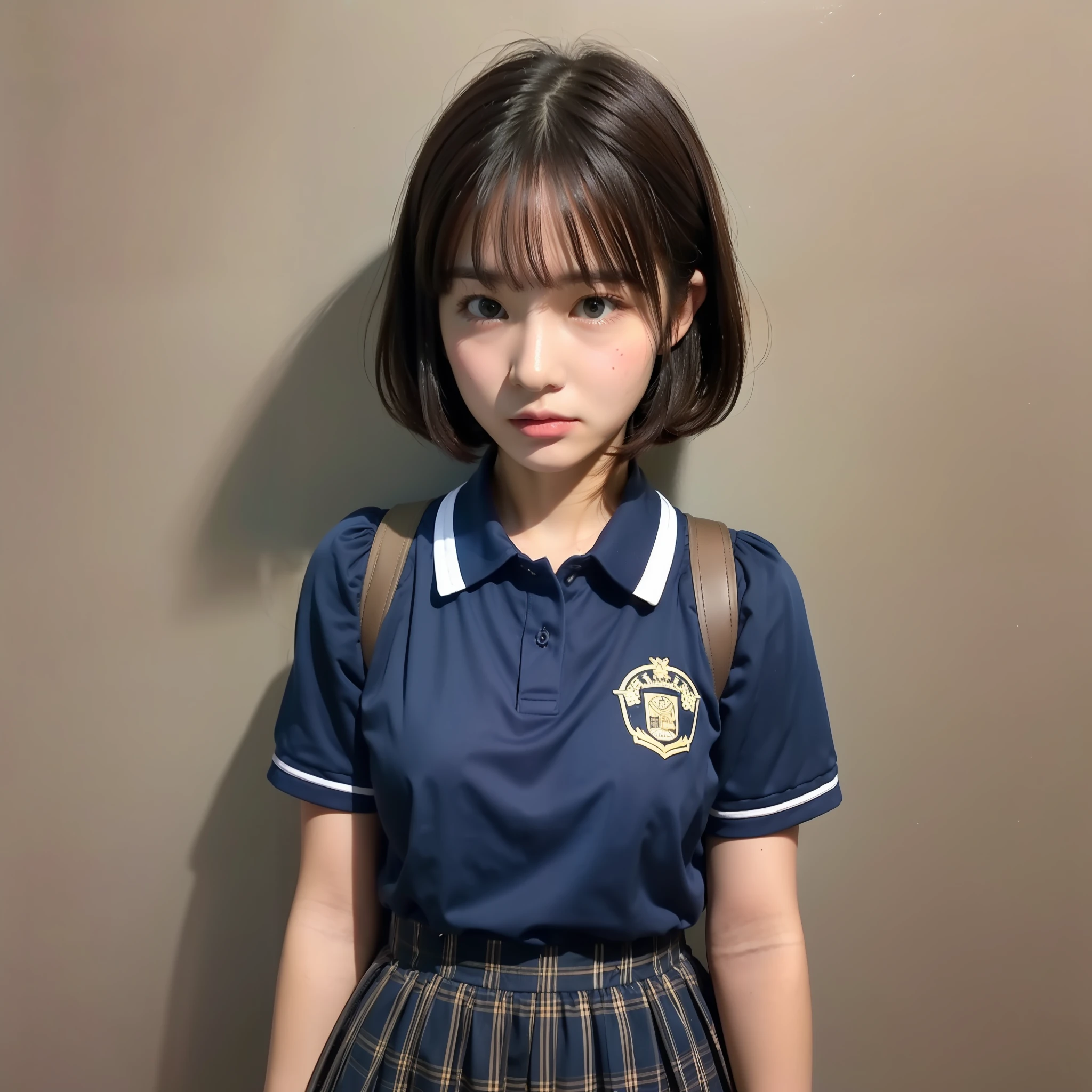 Cute high school girl looking at camera、Short cut、Bust shot of the face、Summer uniform、from front view、