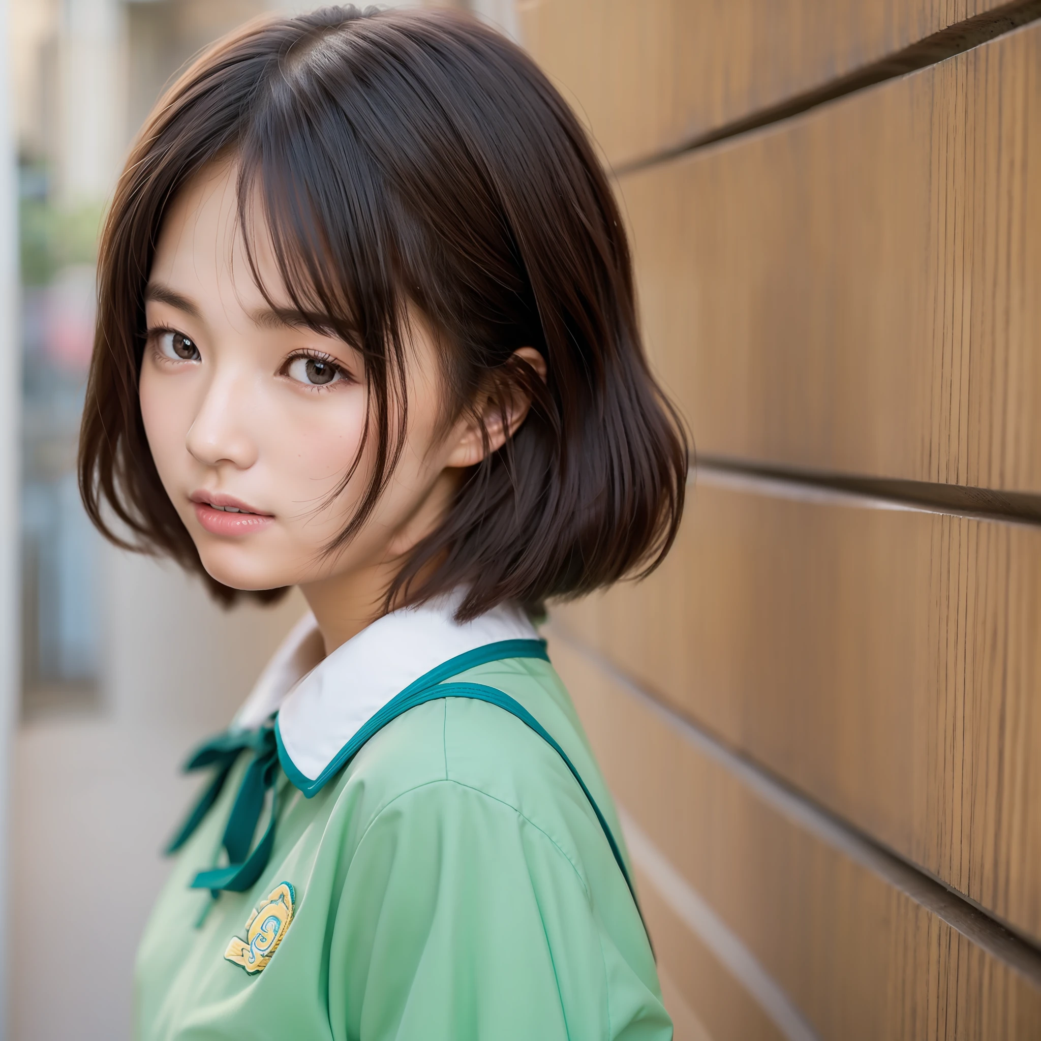 Cute high school girl looking at camera、Short cut、Bust shot of the face、Summer uniform、from front view、