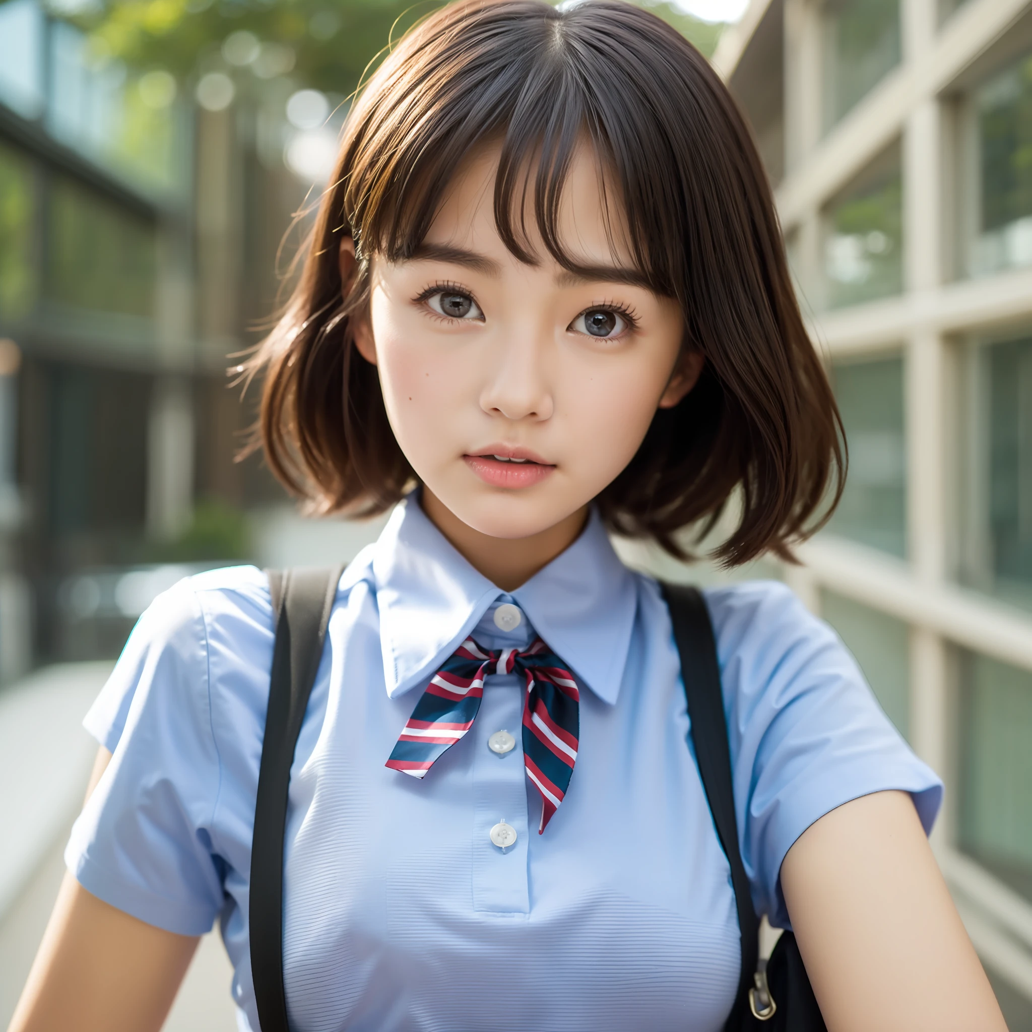 Cute high school girl looking at camera、Short cut、Bust shot of the face、Summer uniform、from front view、