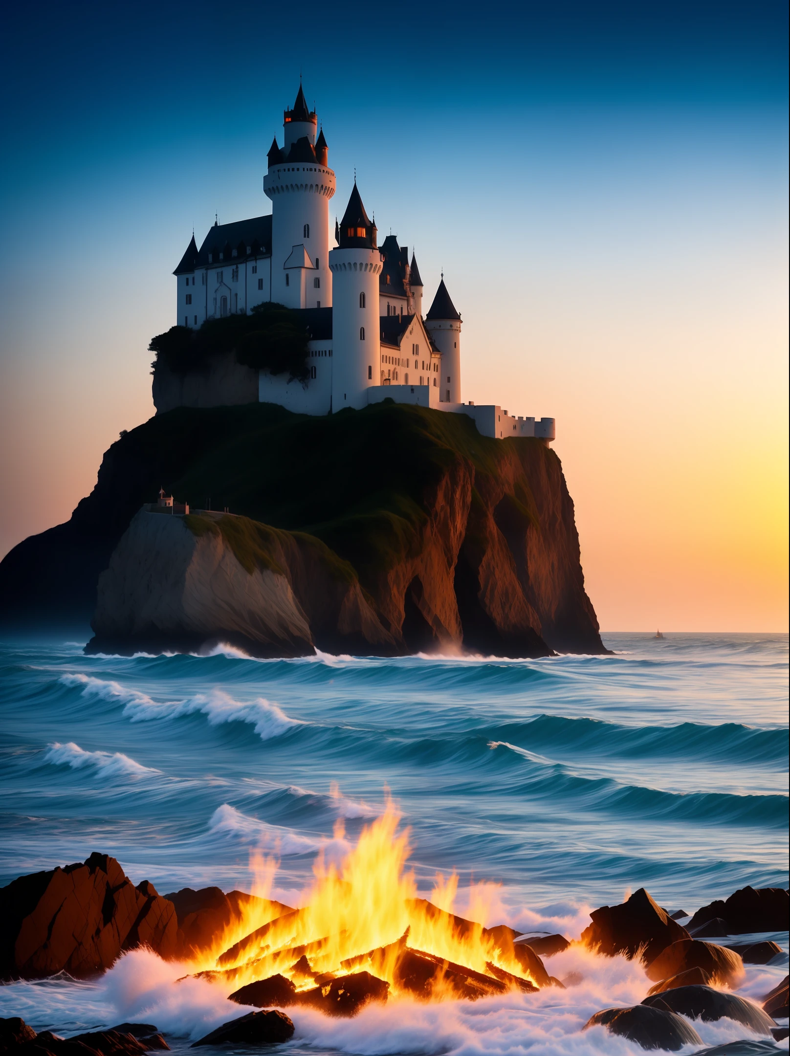 The sea is rough，There is fire at sea，There is a castle in the center of the sea，Guarded by the light of God