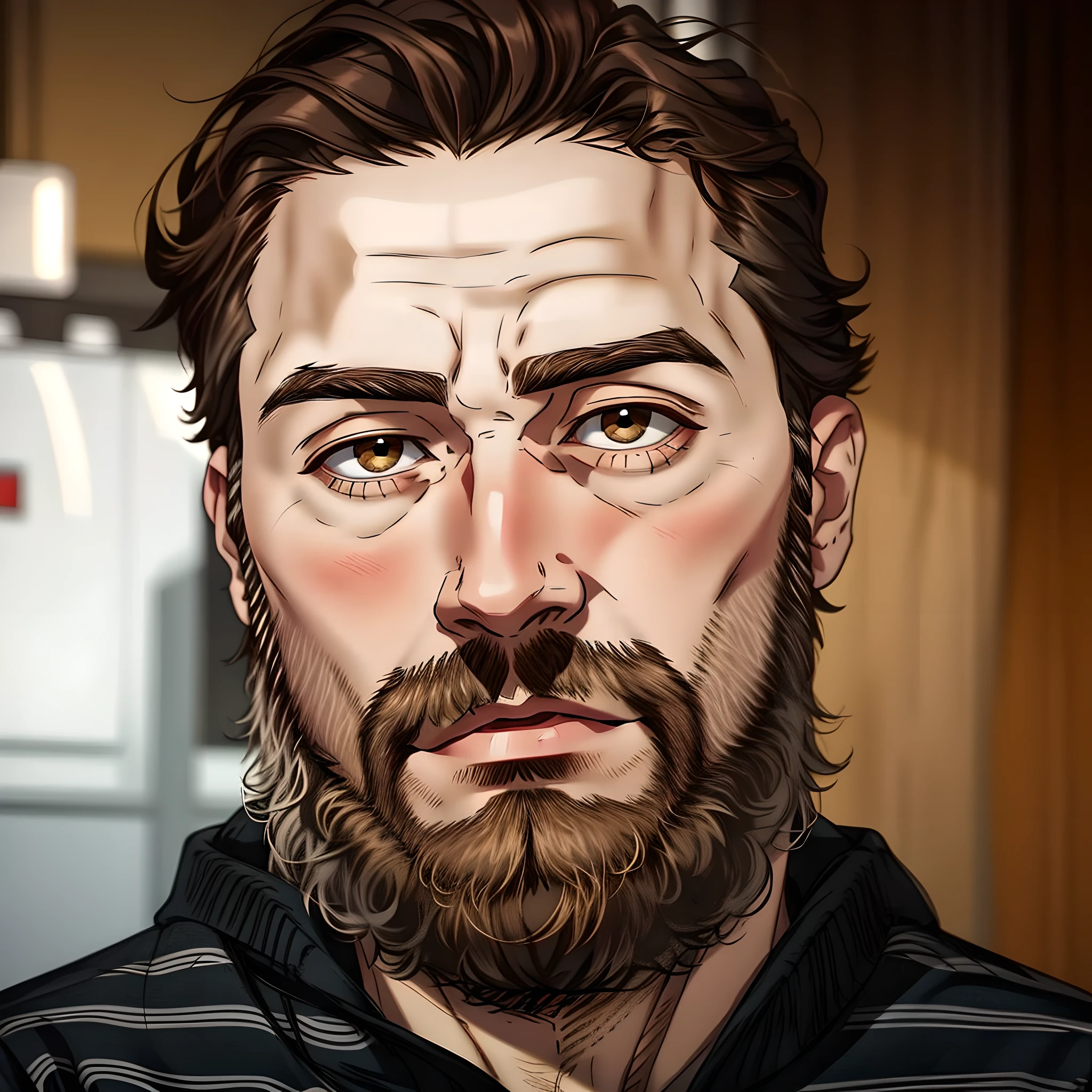 There is a young man with a beard and a sweater, thick brown beard, sin arrugas