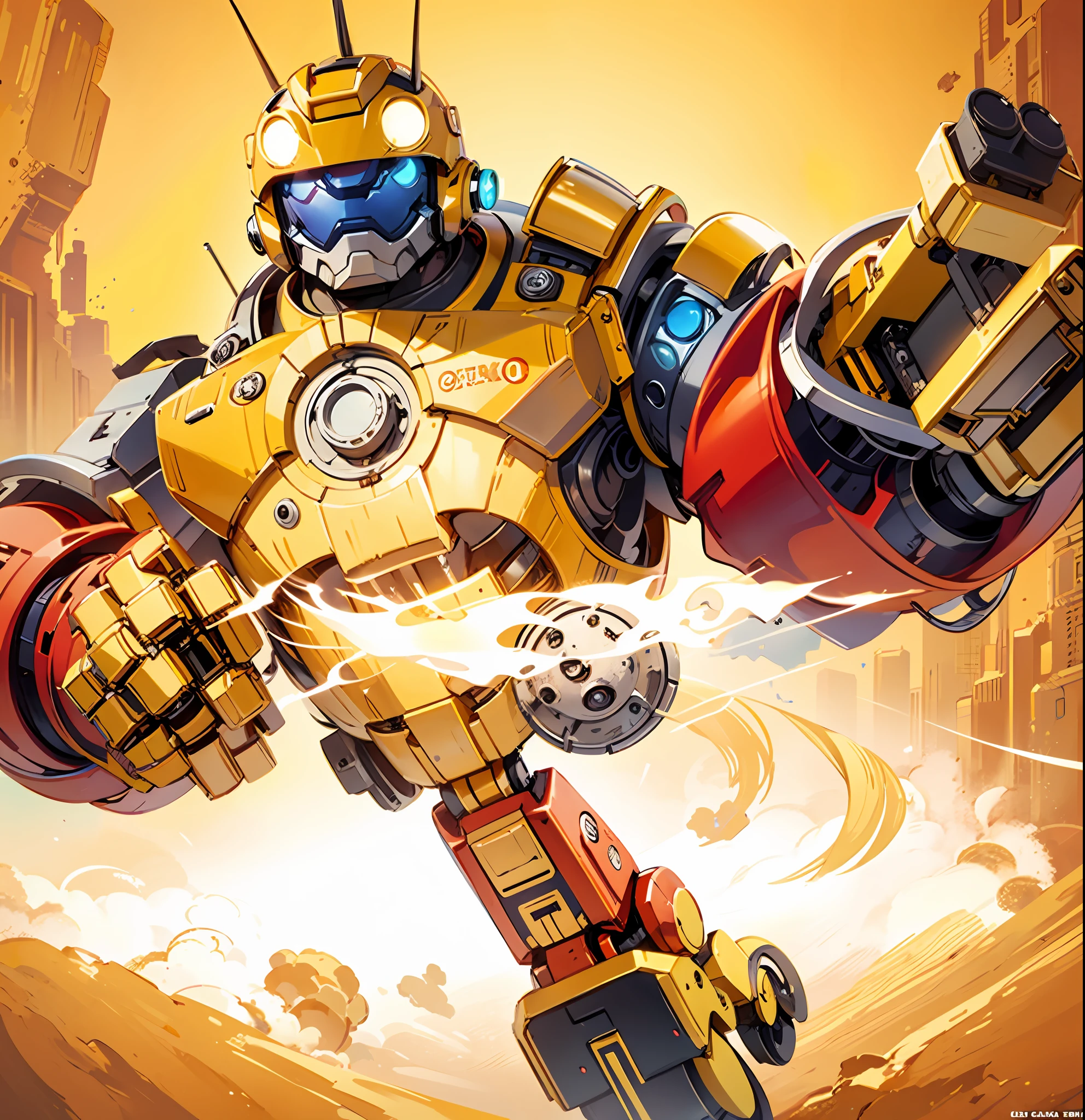 a close up of a robot with a gun in his hand, cute elaborate epic robot, minion iron man, wario as the armored titan, totoro as iron man, mechanoid, cg art, rocket, ratchet and clank, sparky metallic, beautiful robot character design, yellow mecha keetongu bionicle, steampunk robot, hq artwork, promotional art