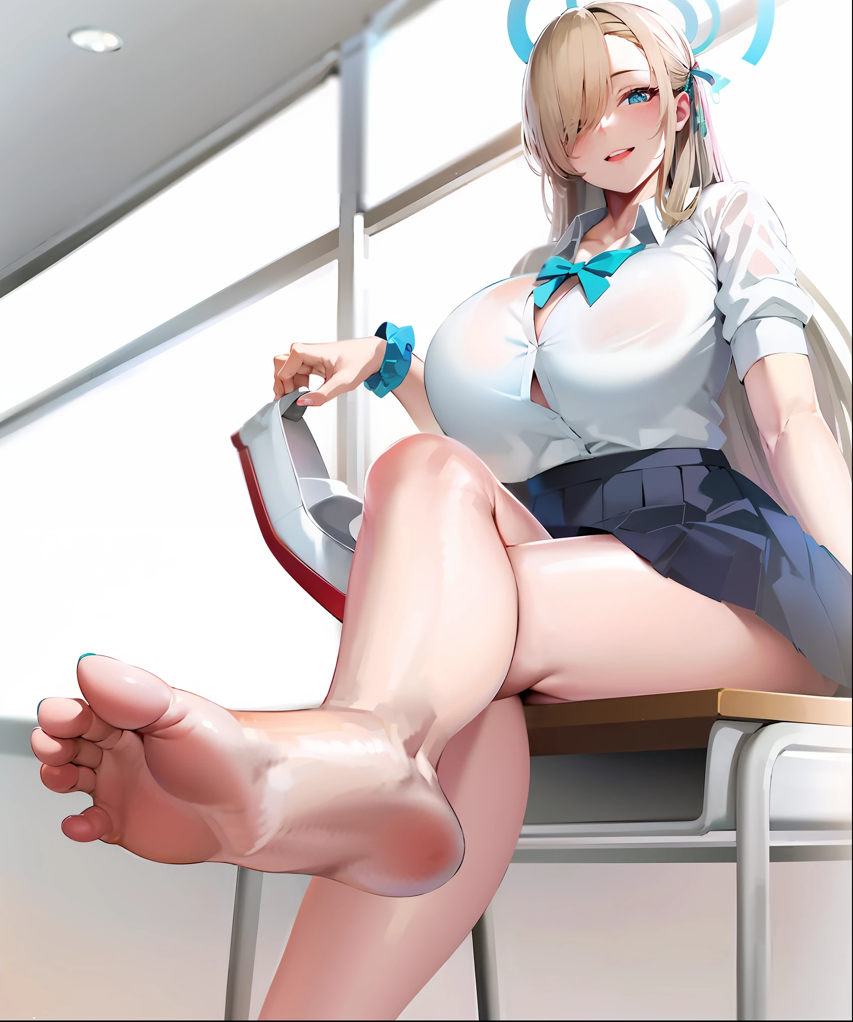 Menina anime sentada em uma cadeira com as pernas cruzadas, Estudante realista, uma aluna hiperrealista, aluna hiperrealista, [ 4 k digital art ]!!, menina anime sedutora, arte cg anime suave, Anime Barbie em meias brancas, menina bonita do anime high school, solas altas, menina bonita do anime agachamento, menina da escola, na empresa pixiv, Shikami