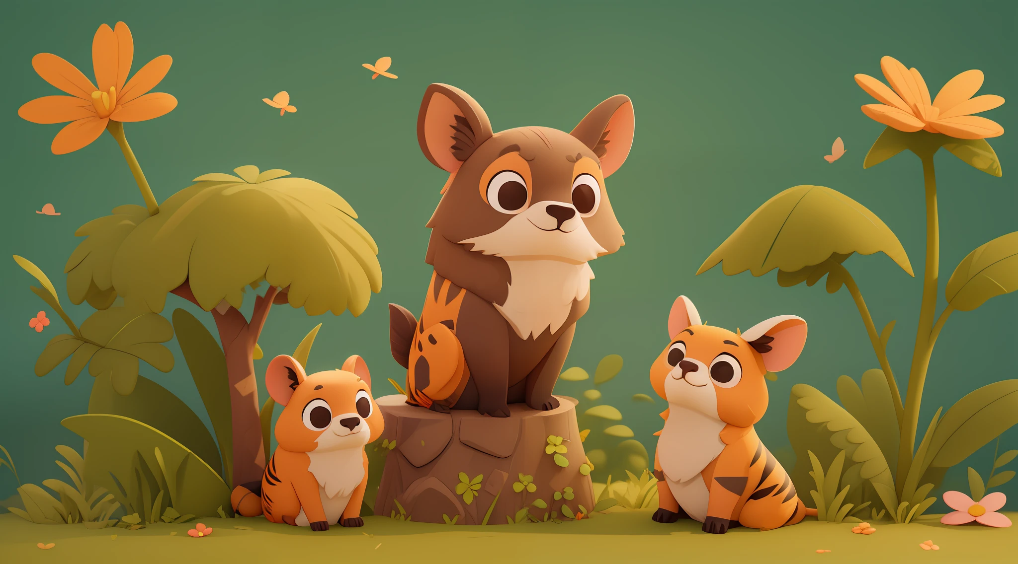 Uma linda e fofa capivara no centro da imagem sentando em uma tora de madeira, olhando para o telespectador, ao seu lado duas pequenas raposas, fundo Altamente detalhado, Floresta, 8K, Altamente detalhado, Pixar 3D, Toon, Animação 3D.