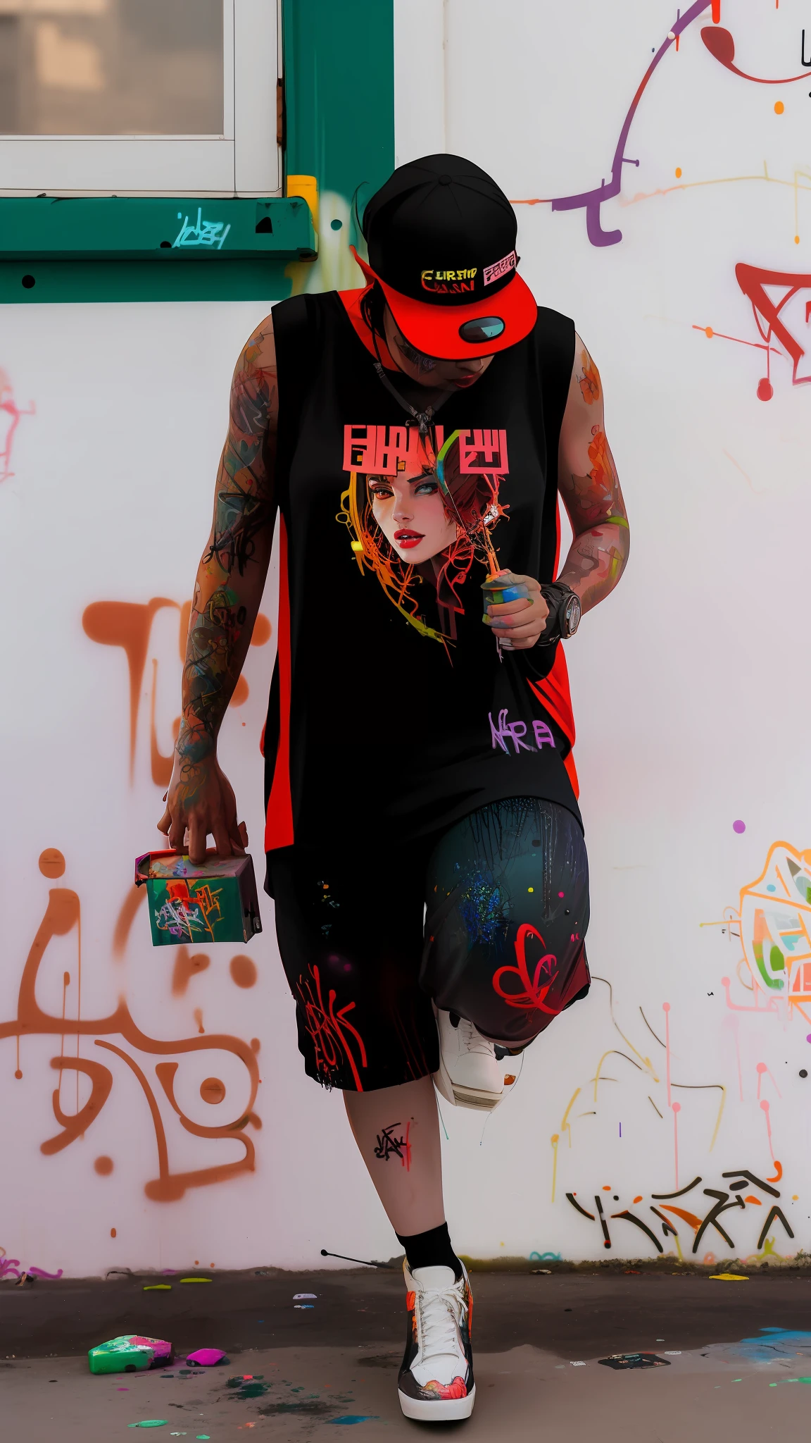 close up, full color painting of squatting cyberpunk girl, sunglasses, high heel shoes, perfect hourglass figure, perfect perky tits, (((Graffiti art) (by Carne Griffiths))), red wall background, insane details, intricate details, hyperdetailed, low contrast, soft cinematic light, dim colors, exposure blend, hdr, front