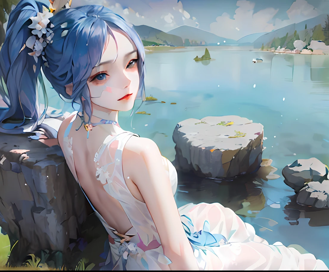 anime girl with blue hair sitting on a rock by a lake, Guweiz, artwork in the style of guweiz, trending on cgstation, Guweiz masterpiece, fantasy art style, Guweiz in Pixiv ArtStation, guweiz on artstation pixiv, trending at cgstation, smooth anime cg art, beautiful anime girls