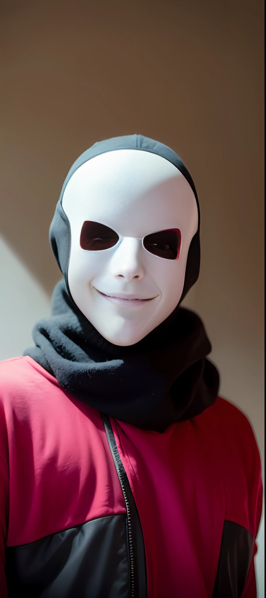 there is a white mask on a pink shirt with a black scarf, ghost mask, mascara branca, white man with black fabric mask, full mask, no face mask, rosto mascarado, robot ghost mask, balaclava mask, hijab branco, pointy mask, black latex female balaclava, usando capuz de seda branca, one single mask, the robot wearing her human mask