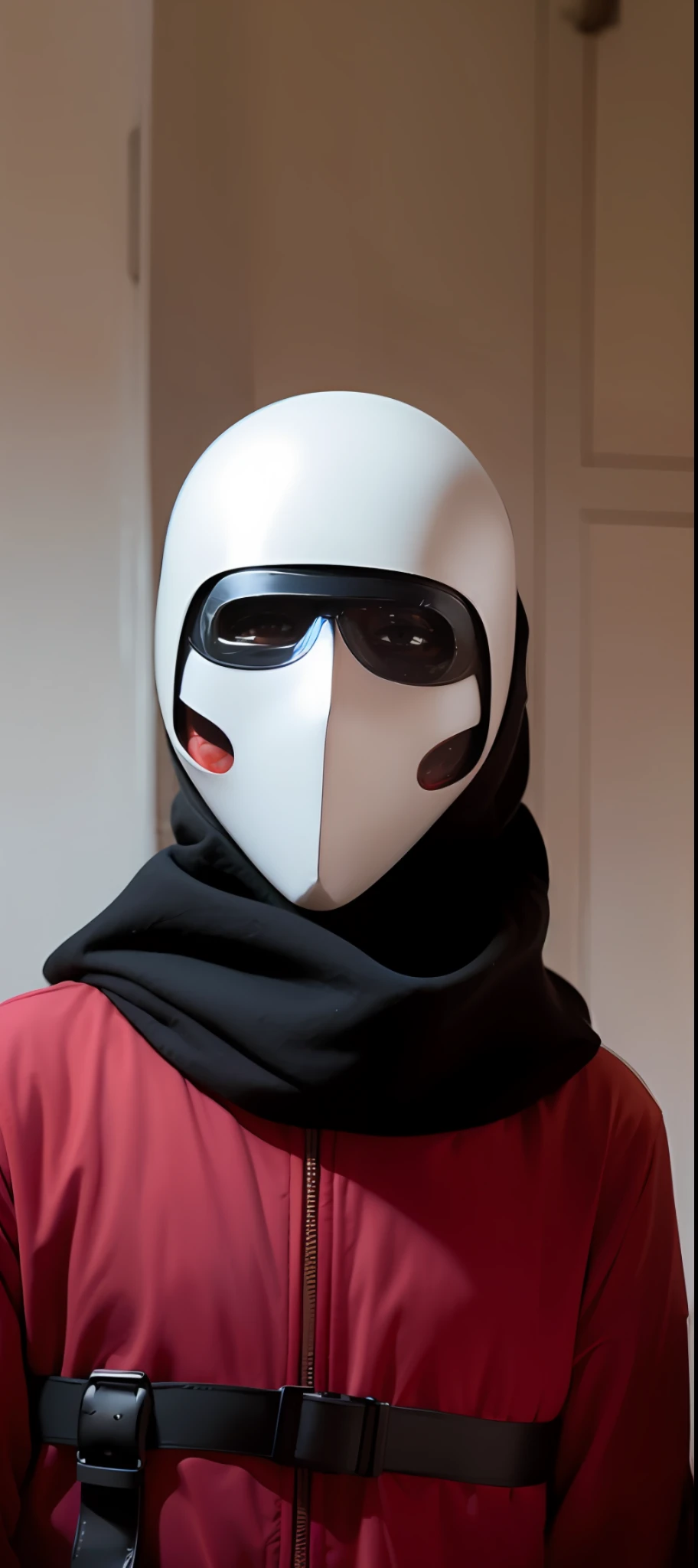 there is a white mask on a pink shirt with a black scarf, ghost mask, mascara branca, white man with black fabric mask, full mask, no face mask, rosto mascarado, robot ghost mask, balaclava mask, hijab branco, pointy mask, black latex female balaclava, usando capuz de seda branca, one single mask, the robot wearing her human mask