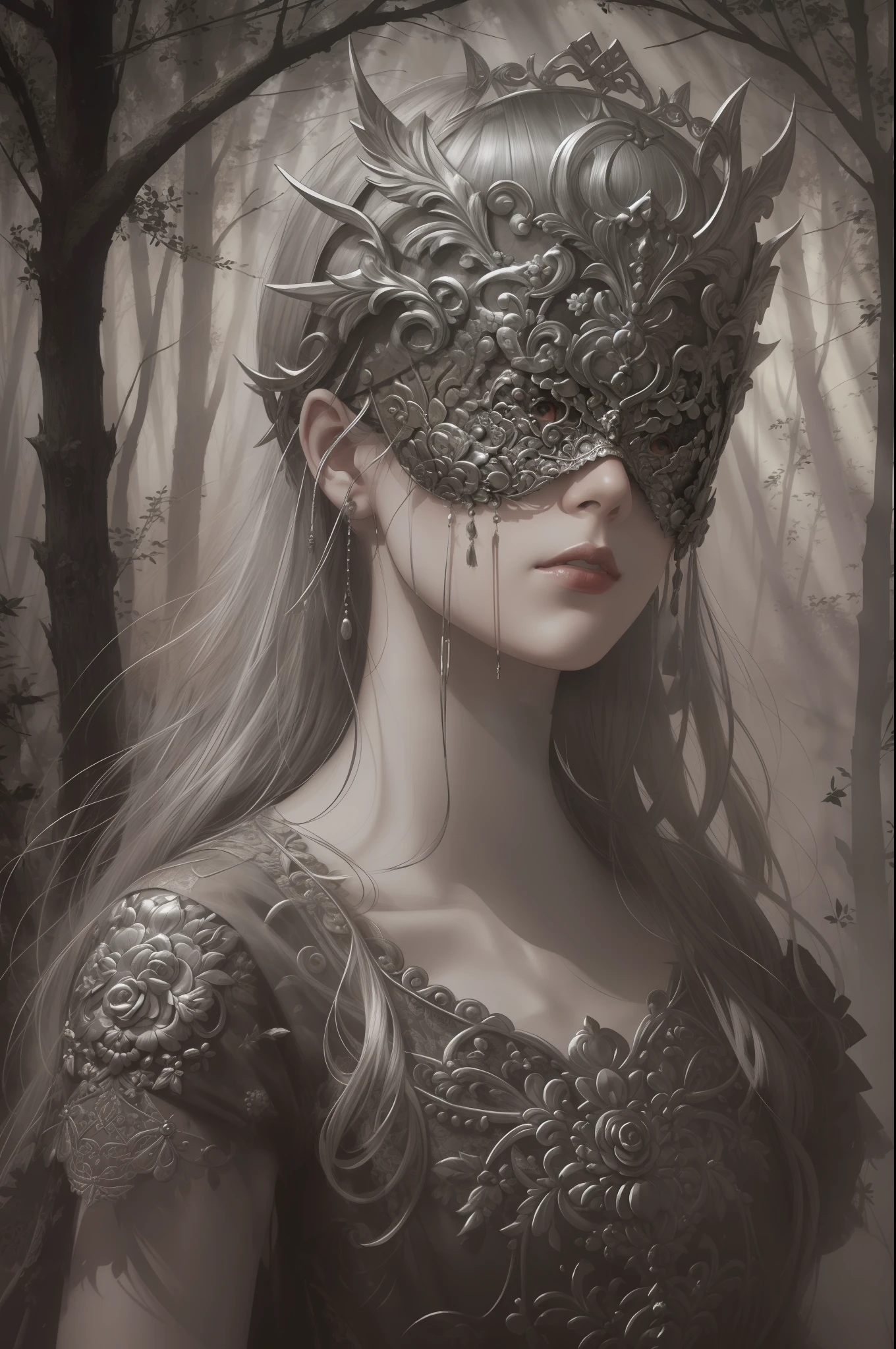 a woman wearing a silver blind mask, gothic dress, lace trim, tone mapped, detailed, highly detailed, digital painting, artstation, concept art, smooth, sharp focus, beautiful illustration, photo, dramatic lighting, god rays, fog, outdoors, dense forest, (natural background), intricate, film grain, professional, taken by a canon eos r5, facing the viewer,