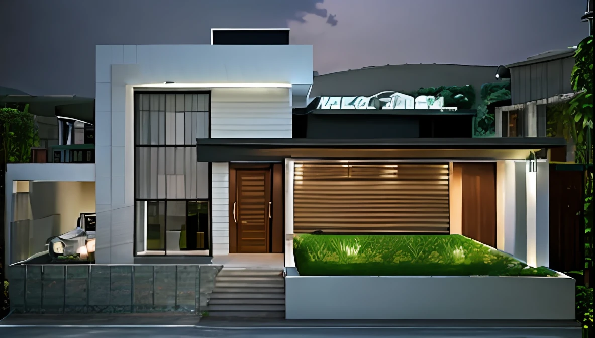 um desenho de uma casa moderna com um telhado e um jardim, design exterior, Casa Conceito, projeto residencial, uma casa, contemporary house, casa moderna, Vista frontal, Villa Interdimensional, casa completa, casa urbana, overall architectural design, architectural concept, architectural render, Casa Preta, high quality rendering, neotradicional moderno, architectural concepts, design de arquitetura moderna, front elevation view