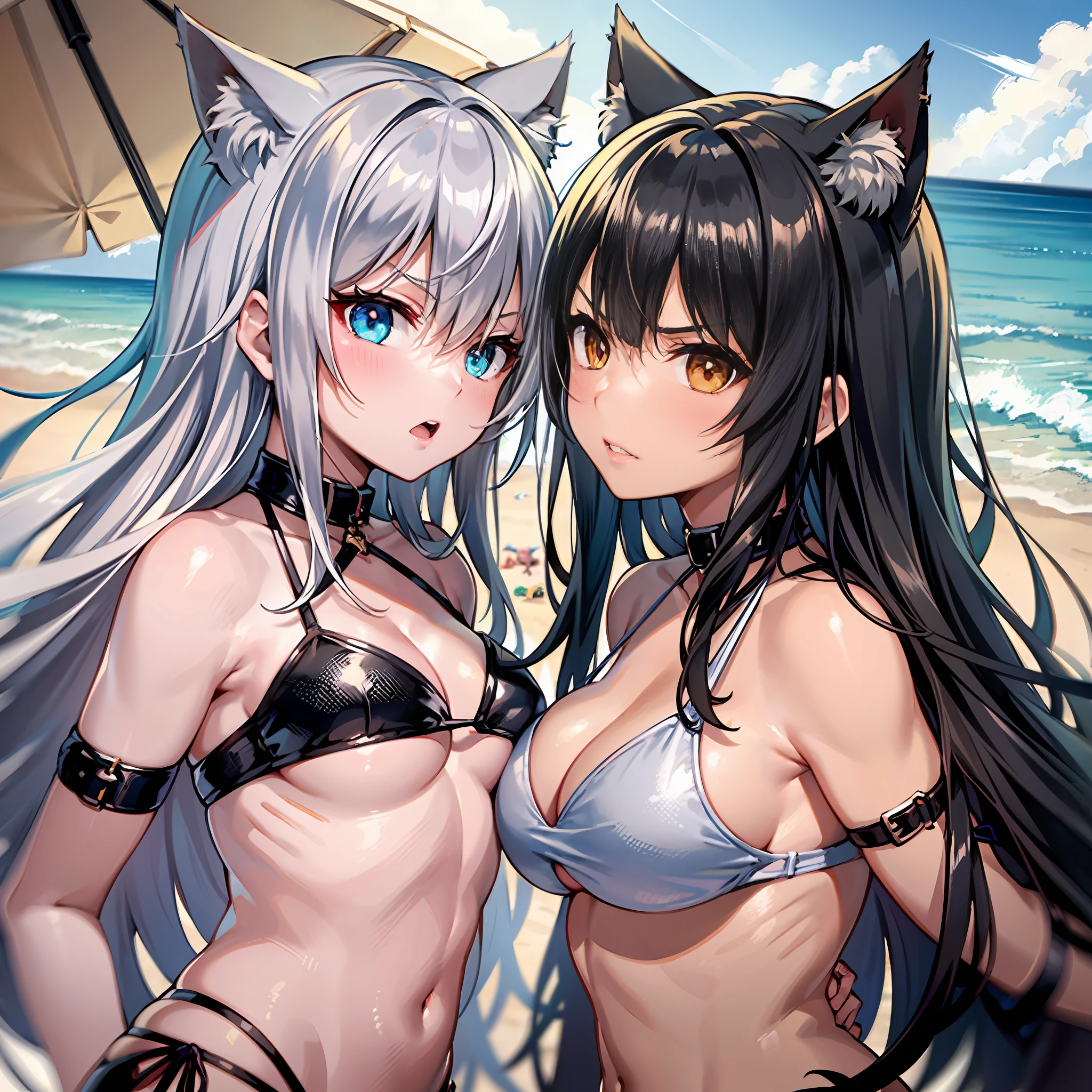 ((two Girl)),All have cat ears,All have cat tails,The girl on the left has white hair and red eyes,Right girl with black hair and heterochromic pupils,Left girl with sun-colored complexion,Right girl with white skin,random hairstyles,Random bikini,Random color bikini,All are large breasts,(facing each other:1.5),The two girls looked each other in the eyes,Angry expressions,A look of disdain,angry,disdain,Fried hair,Extreme Details,4K,sandy beach,3/4身,Gentle breeze,brilhante e ensolarado