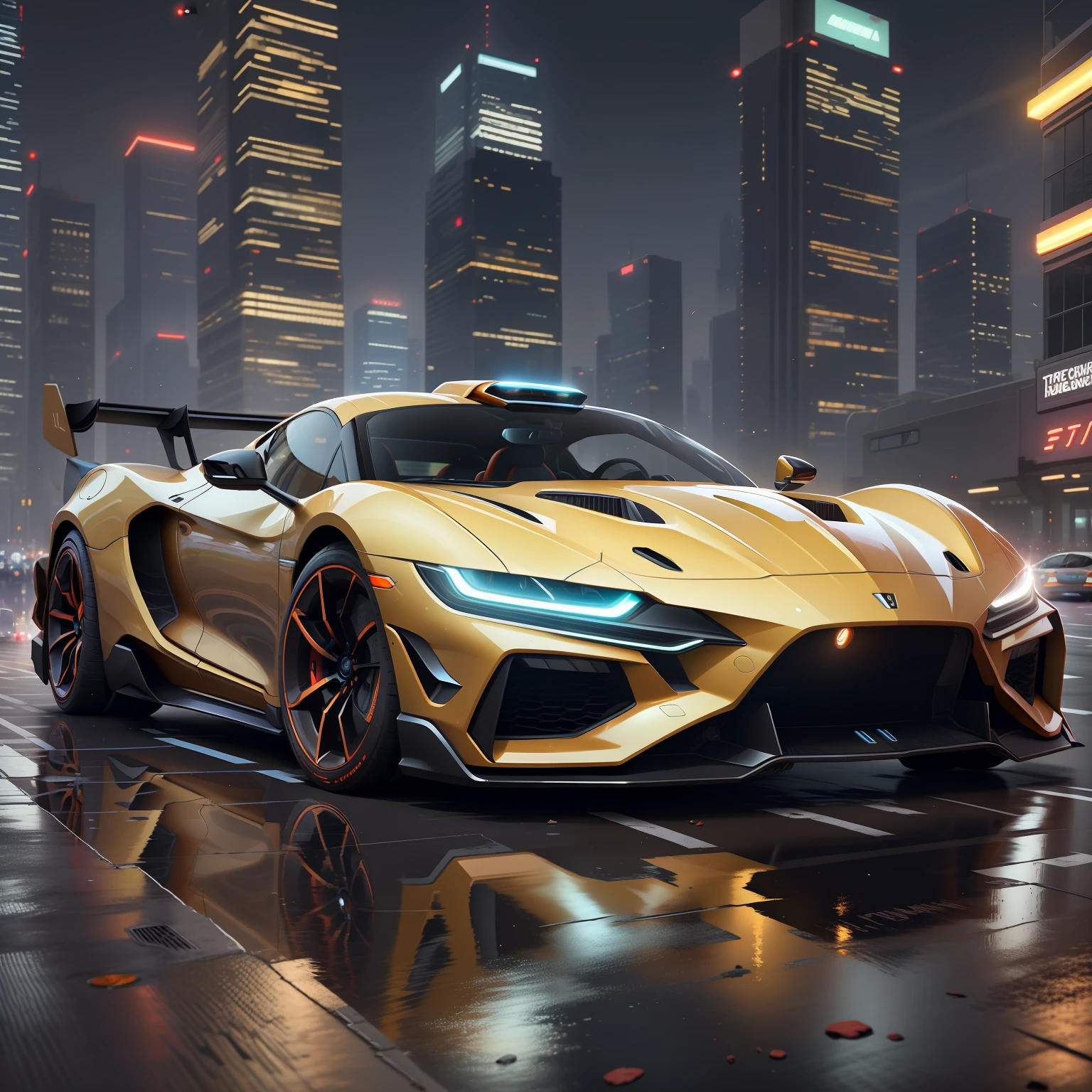 (High Definition, 9k) A futuristic sports car with neon headlights on the street of a futuristic cityscape with skyscrapers with glass