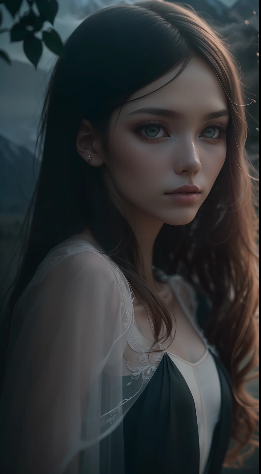 almaty girl, kazakh, Portrait of haute couture beautiful kazakh fashion model , ethereal dreamy foggy, photoshoot by alessio albi, editorial fashion magazine photoshoot, fashion poses, in front of mountain. kinfolk magazine. film grain,(((dark shot))), (natural skin texture, hyperrealism, soft light, sharp)
