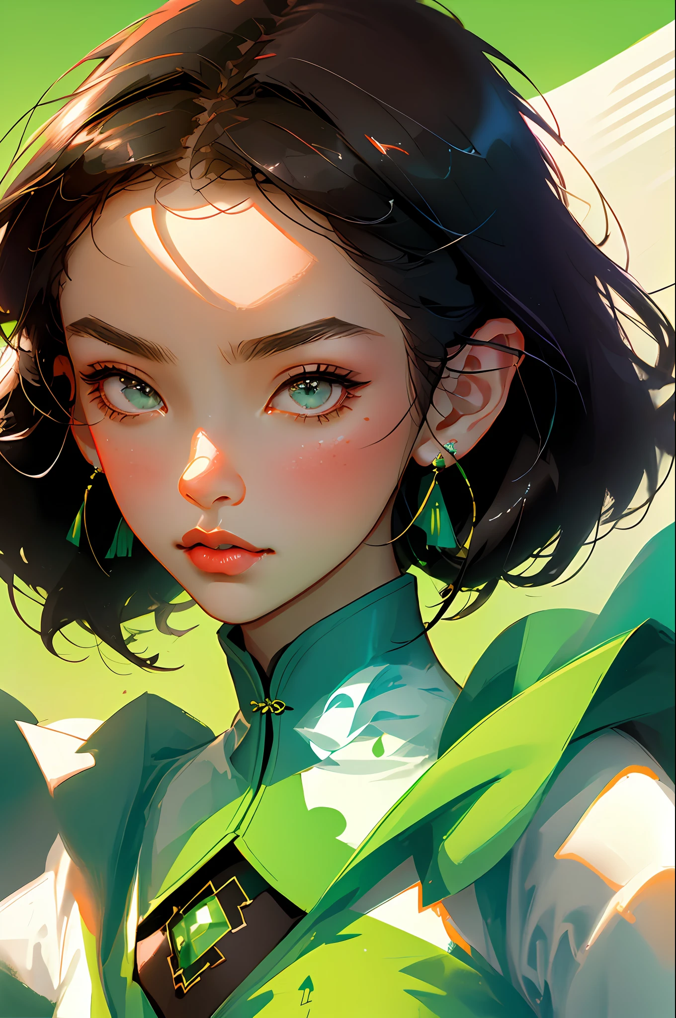 (Face close-up: 1.3), avatar close-up, Xinjiang woman, Xinjiang clothing, Xinjiang jewelry, trend, modern, green background, black and white fluorescent color, flat style, minimalism, flat illustration, Tsuruta Ichiro style,