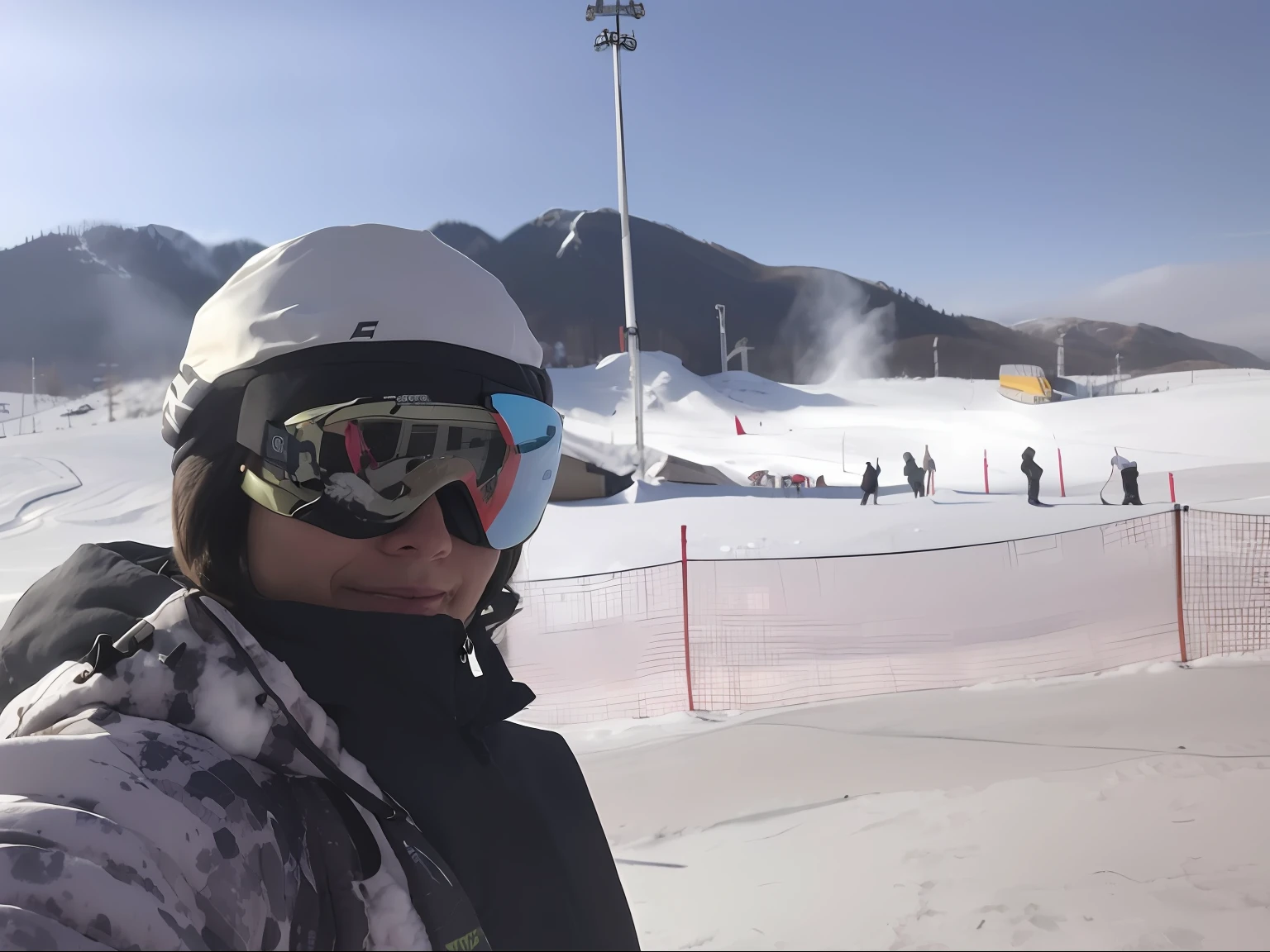skier wearing goggles and a jacket standing in front of a ski slope, with mountains as background, profile image, with mountains as background, only snow in the background, only snow i the background, on the mountain, lindo dia ensolarado, profile imageture 1024px, profile image, nice weather, moutain in background, bright sunny day --auto