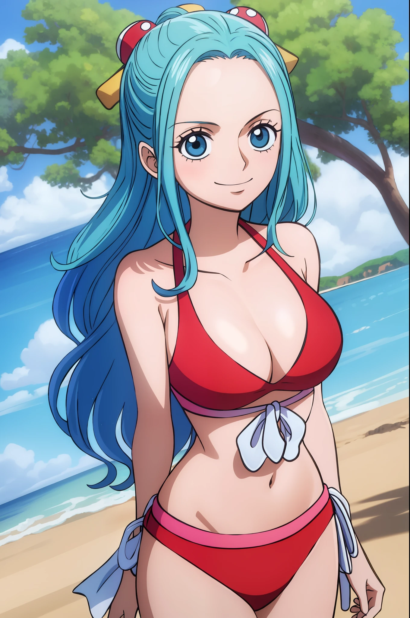 a woman in a bikini, top and go out standing on a beach, from one piece, us one piece, inspirado em Eiichiro Oda, arte oficial, cabelo azul, brinco redondo dourado, rosto bonito, cara sorridente, fofa, Shy, Obra-antes, melhor qualidade, 4k, One Piece.