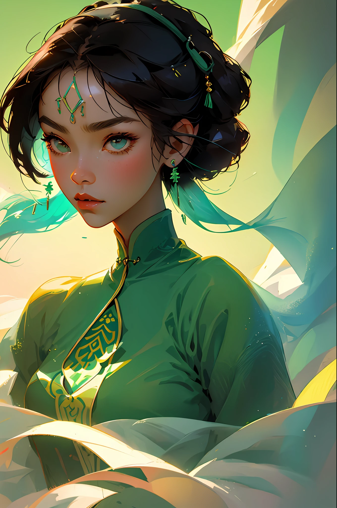 (Face close-up: 1.3), avatar close-up, Xinjiang woman, Xinjiang clothing, Xinjiang jewelry, trend, modern, green background, black and white fluorescent color, flat style, minimalism, flat illustration, Tsuruta Ichiro style,