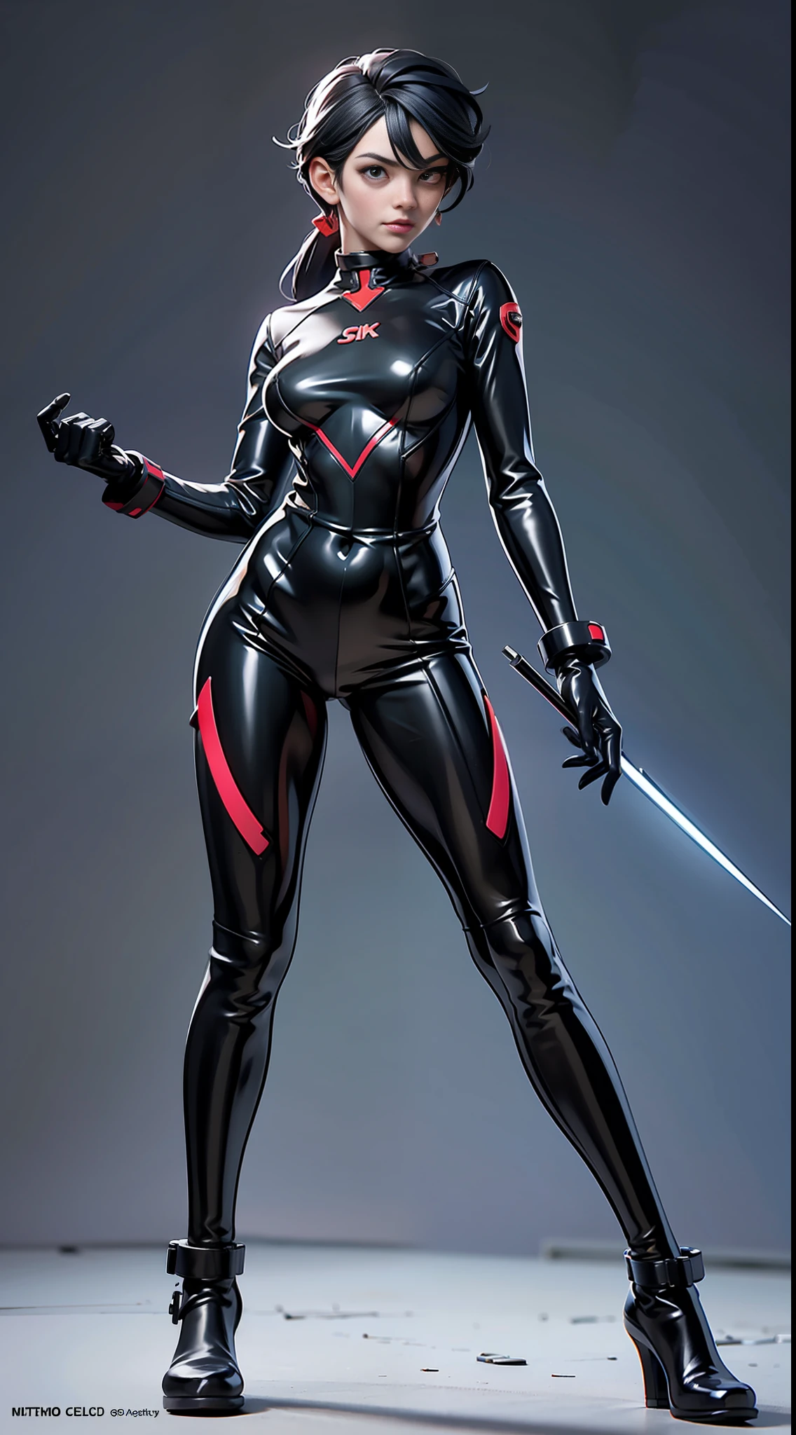 solo, super fine photo, full body picture Unreal Engine 5 8K UHD of a girl in a skin tight futuristic black latex Evangelion plug suit, slick black catsuit, black iconic character, smooth black skin, black body, PVC, glossy latex suit, rubber suit, rubber belts, collar, rubber glove, high boots, arm and leg cuffs, straps, best quality, masterpiece, official art, unified 8k wallpaper, super detailed, sharp focus, girl and sexy pose, body parts